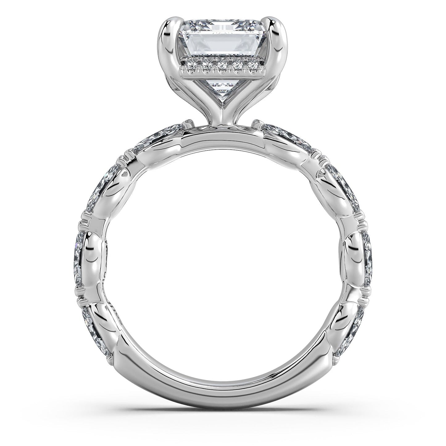 White Gold Emerald Diamond Engagement Ring with Marquise Side Stone Band Profile View | Waco Diamonds Is Located In Waco, TX | Central Texas' #1 Engagement Ring Store With Lifetime Warranty