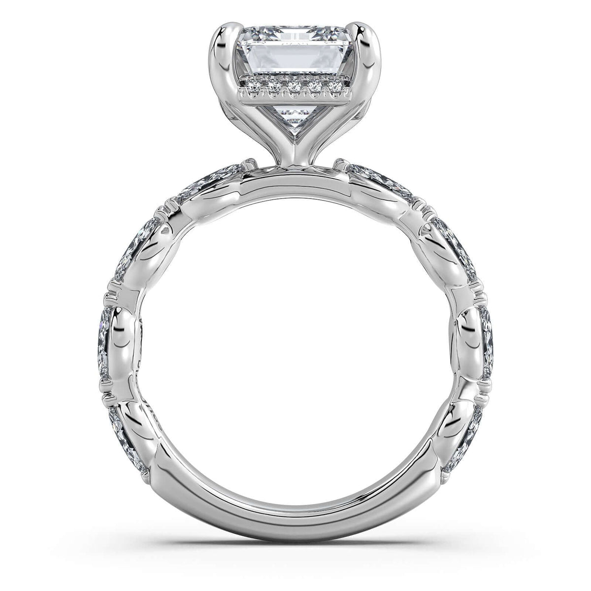 White Gold Emerald Diamond Engagement Ring with Marquise Side Stone Band Profile View | Waco Diamonds Is Located In Waco, TX | Central Texas' #1 Engagement Ring Store With Lifetime Warranty
