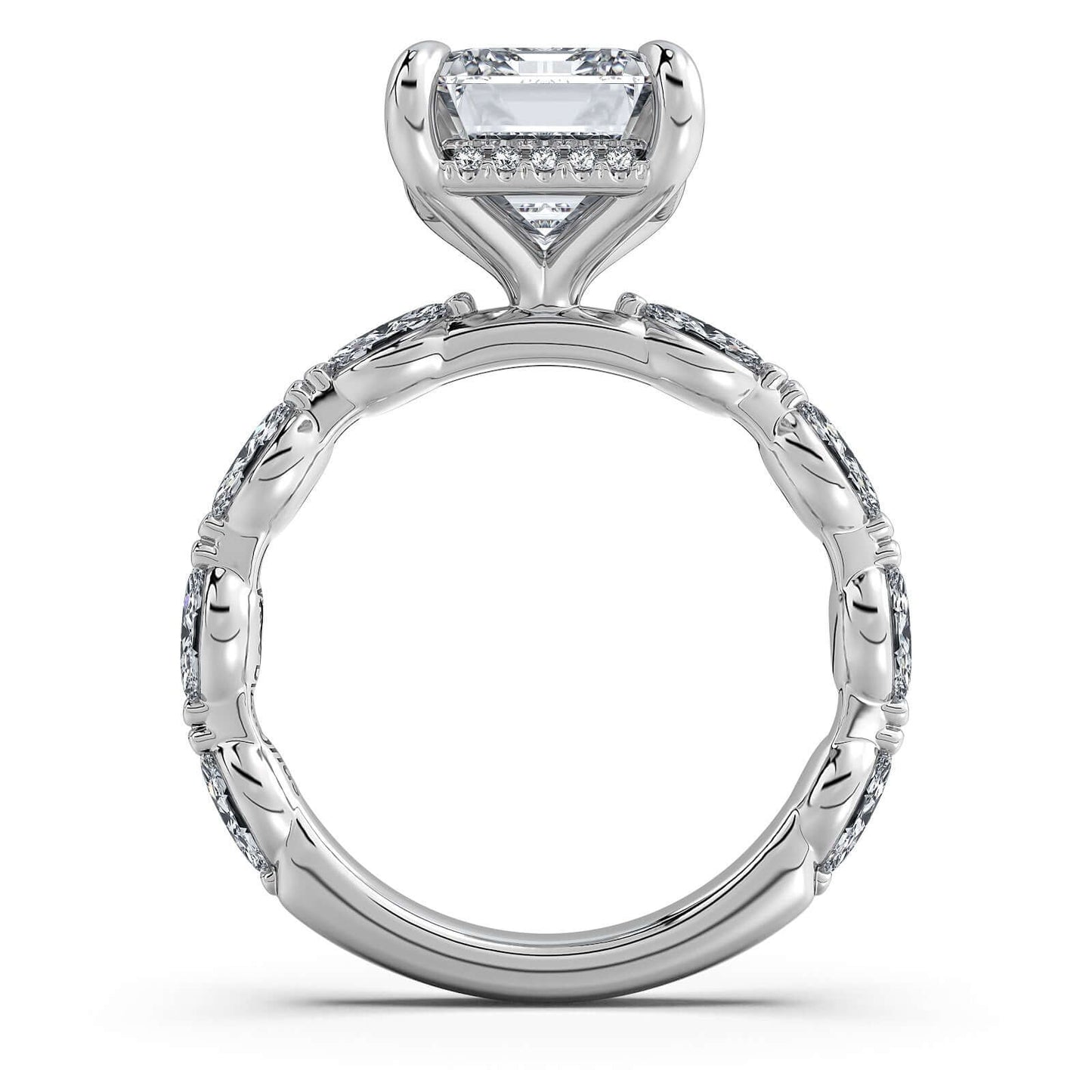 White Gold Emerald Diamond Engagement Ring with Marquise Side Stone Band | Waco Diamonds Is Located In Waco, TX | Central Texas' #1 Engagement Ring Store With Lifetime Warranty