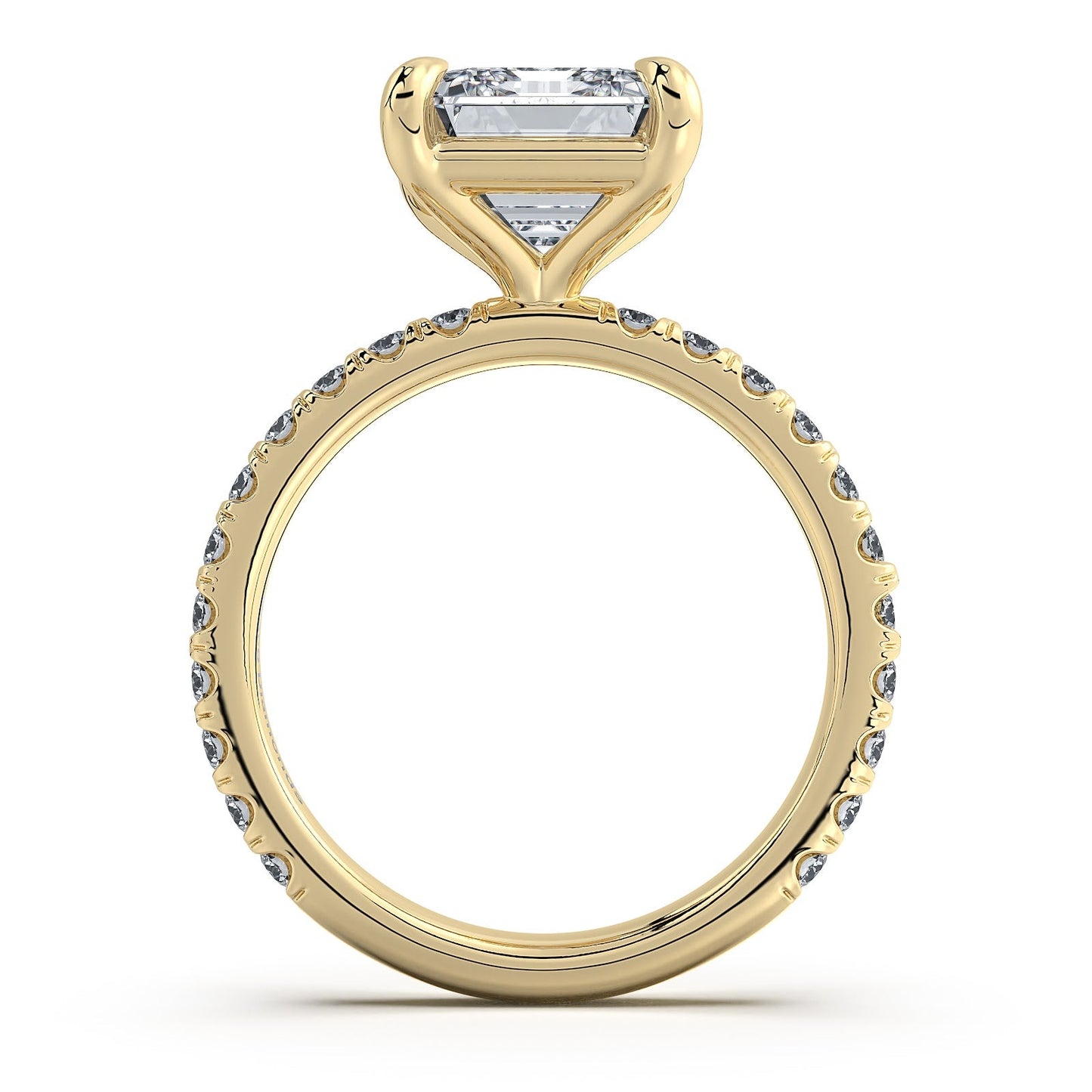 Yellow Gold Emerald Diamond Engagement Ring with Pave Band Profile View | Waco Diamonds Is Located In Waco, TX | Central Texas' #1 Engagement Ring Store With Lifetime Warranty