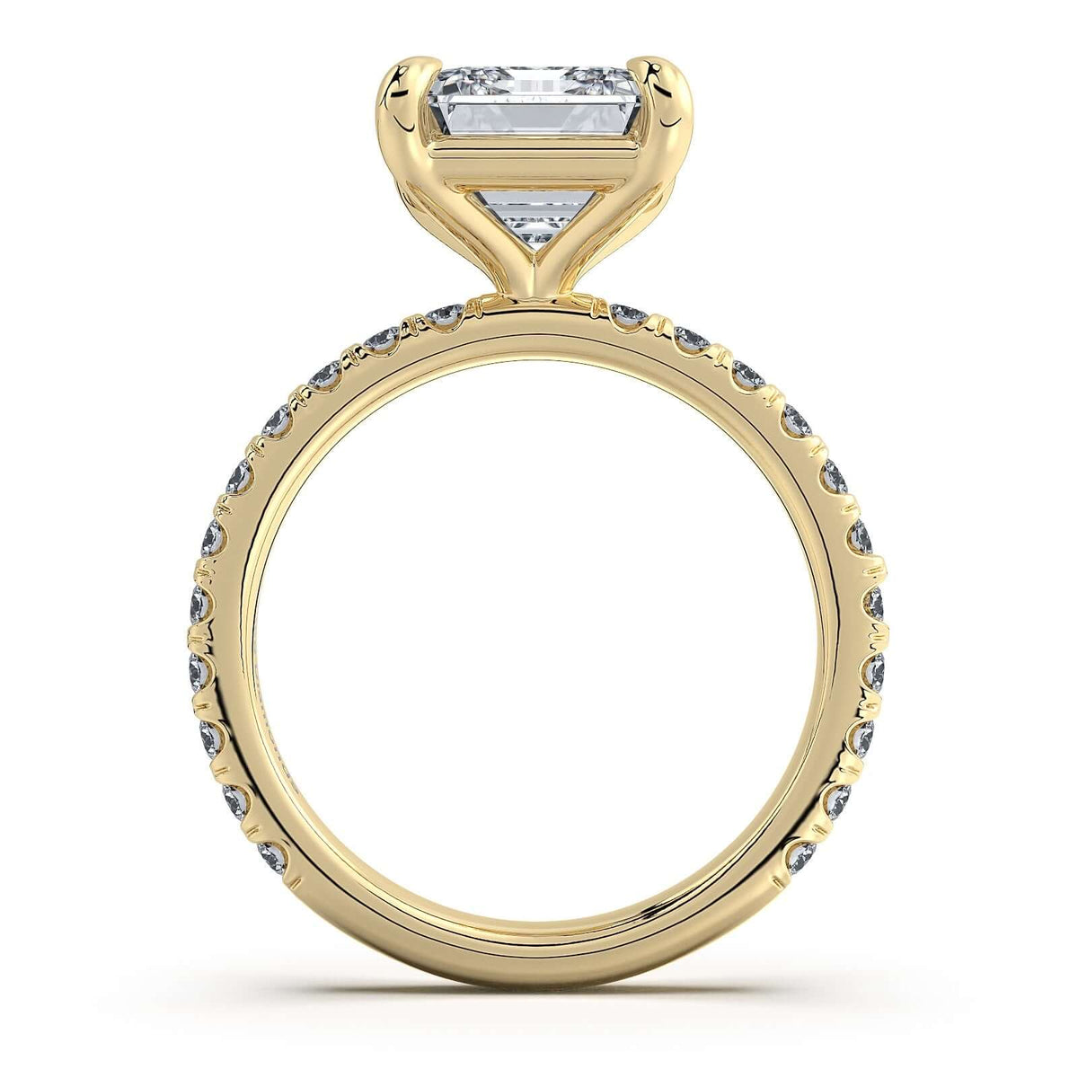 Yellow Gold Emerald Diamond Engagement Ring with Pave Band Profile View | Waco Diamonds Is Located In Waco, TX | Central Texas' #1 Engagement Ring Store With Lifetime Warranty