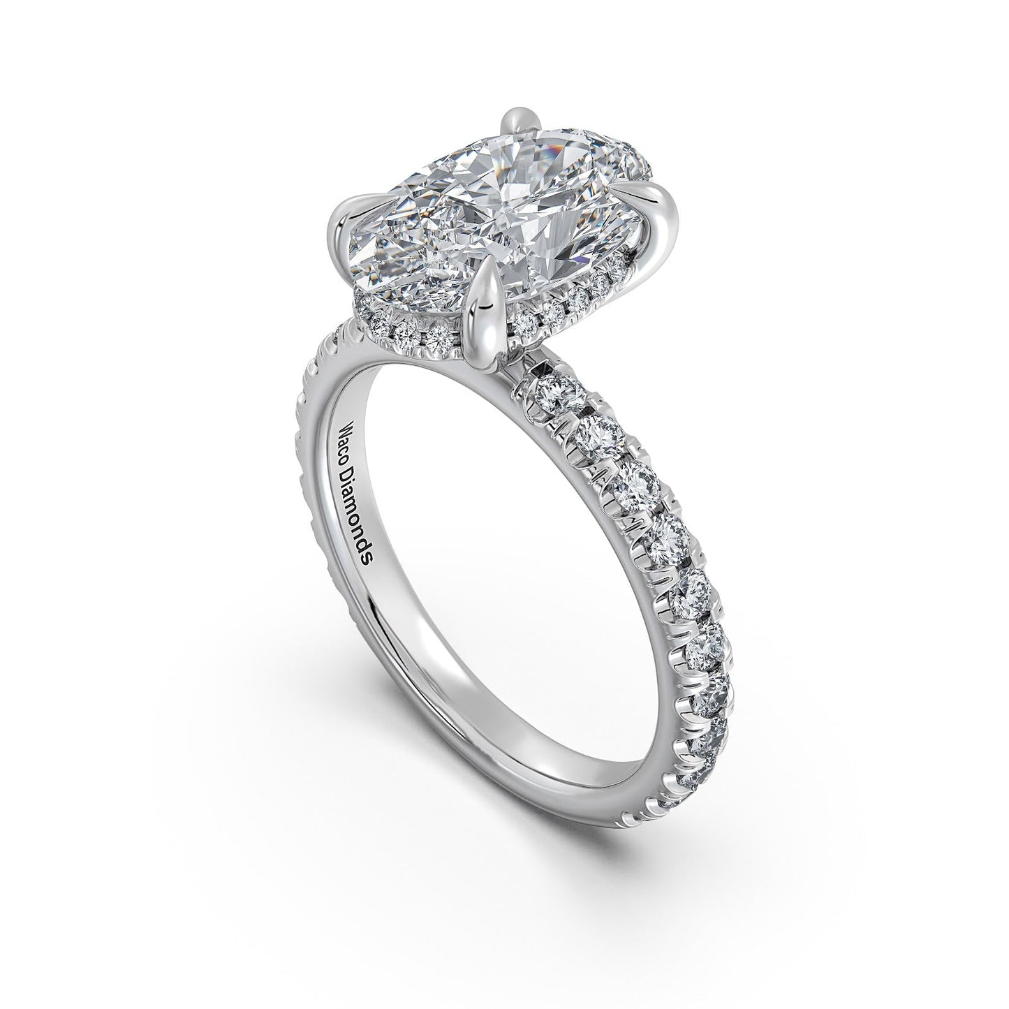 White Gold Oval Diamond Engagement Ring with Pave Band Side Profile | Waco Diamonds Is Located In Waco, TX | Central Texas' #1 Engagement Ring Store With Lifetime Warranty