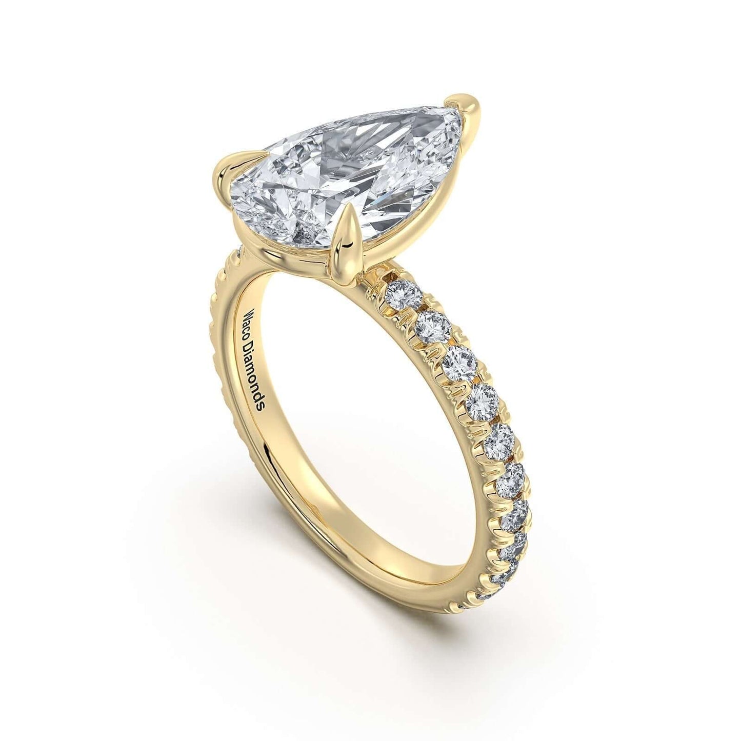 Yellow Gold Pear Diamond Engagement Ring with Pave Band | Waco Diamonds Is Located In Waco, TX | Central Texas' #1 Engagement Ring Store With Lifetime Warranty