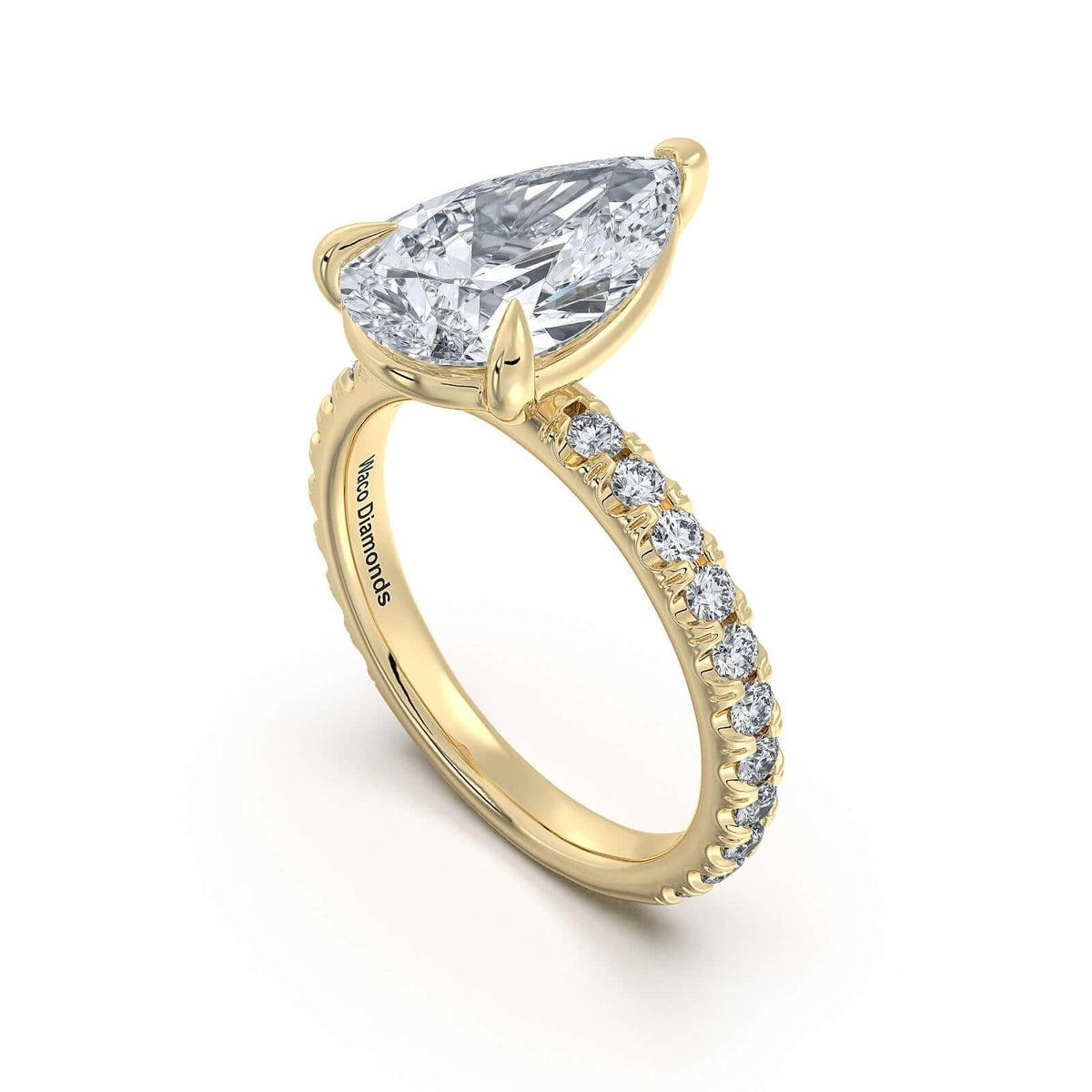 Yellow Gold Pear Diamond Engagement Ring with Pave Band Side Profile | Waco Diamonds Is Located In Waco, TX | Central Texas' #1 Engagement Ring Store With Lifetime Warranty