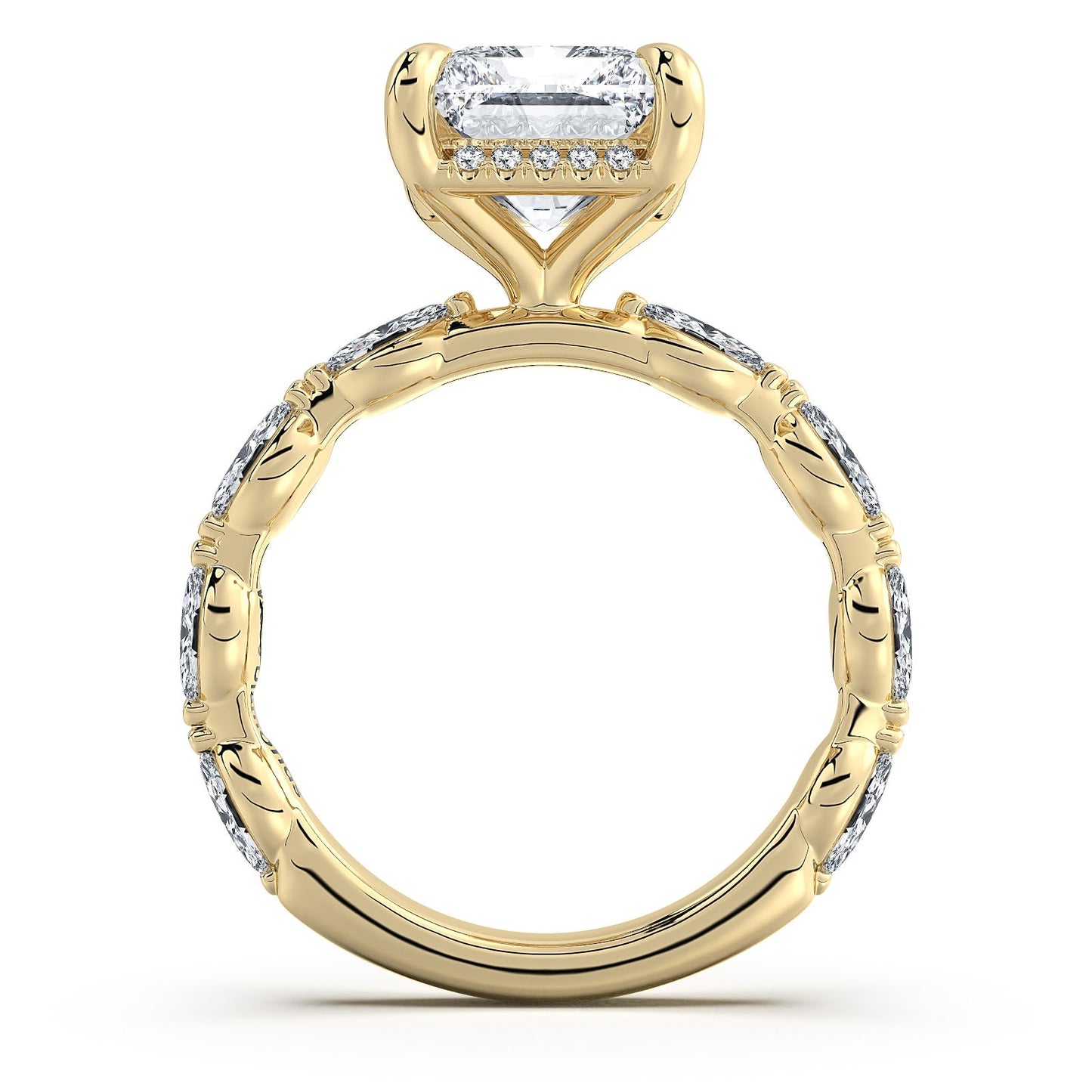 Yellow Gold Radiant Diamond Engagement Ring with Marquise Side Stone Band Profile View | Waco Diamonds Is Located In Waco, TX | Central Texas' #1 Engagement Ring Store With Lifetime Warranty