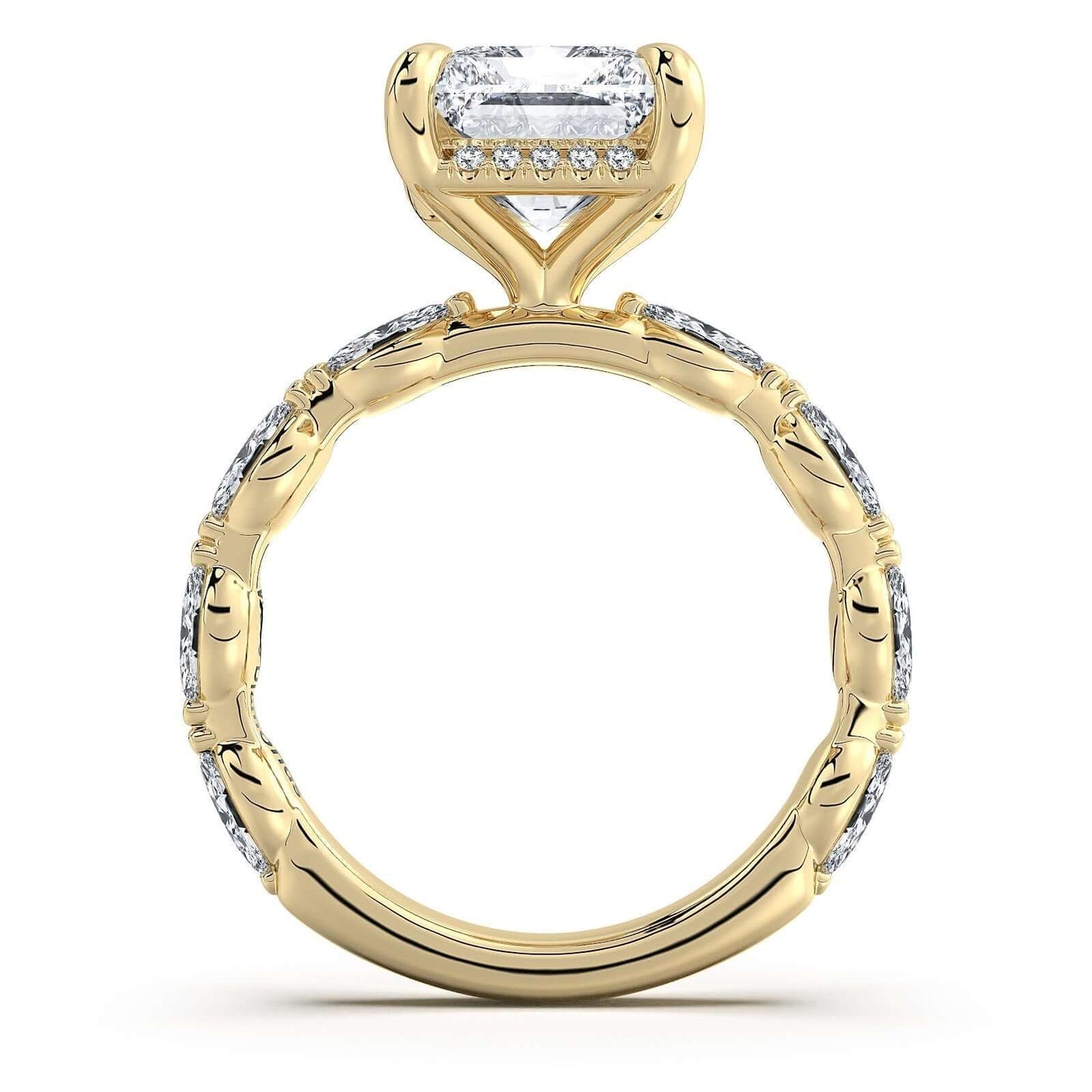 Yellow Gold Radiant Diamond Engagement Ring with Marquise Side Stone Band | Waco Diamonds Is Located In Waco, TX | Central Texas' #1 Engagement Ring Store With Lifetime Warranty