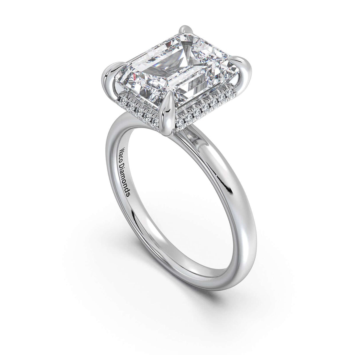 White Gold Emerald Diamond Engagement Ring with Solitaire Band Side Profile | Waco Diamonds Is Located In Waco, TX | Central Texas' #1 Engagement Ring Store With Lifetime Warranty