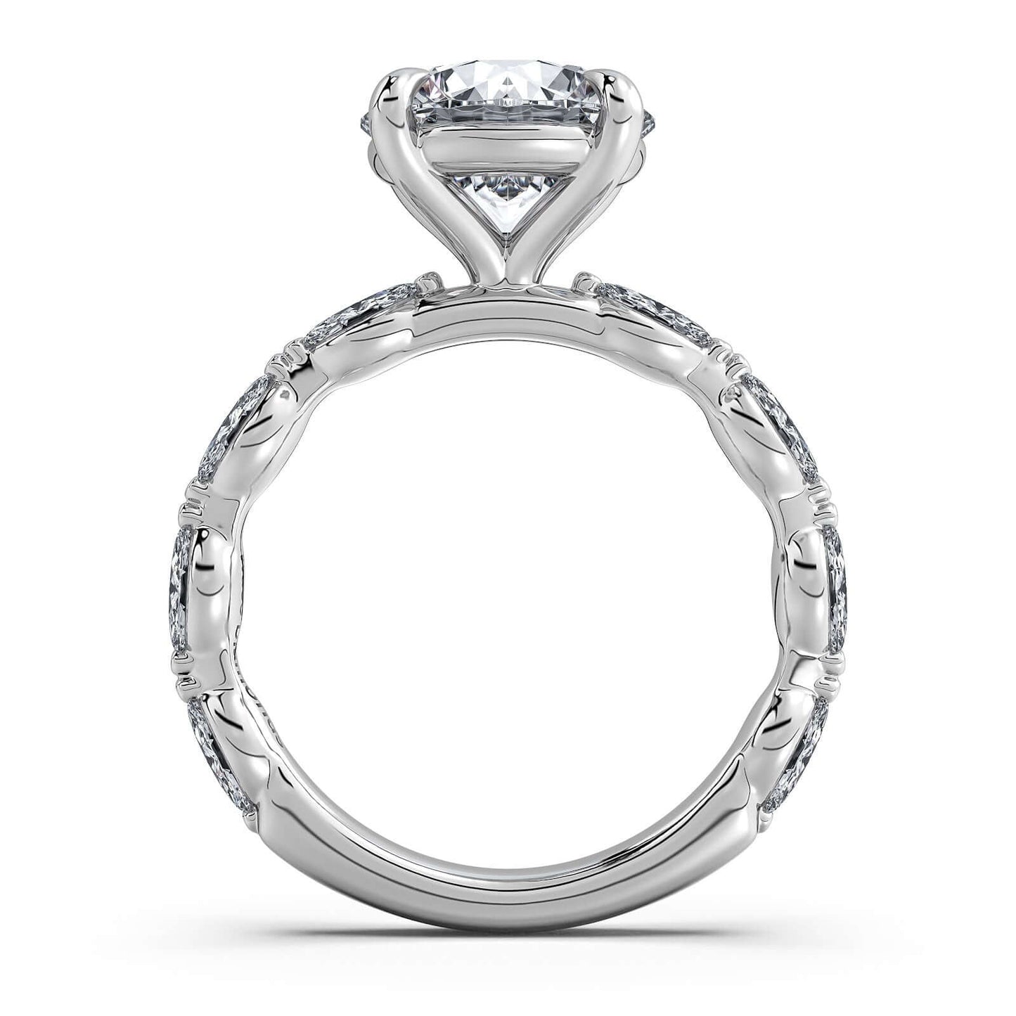White Gold Round Diamond Engagement Ring with Marquise Side Stone Band | Waco Diamonds Is Located In Waco, TX | Central Texas' #1 Engagement Ring Store With Lifetime Warranty