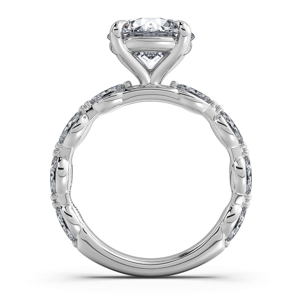 White Gold Round Diamond Engagement Ring with Marquise Side Stone Band Profile View | Waco Diamonds Is Located In Waco, TX | Central Texas' #1 Engagement Ring Store With Lifetime Warranty