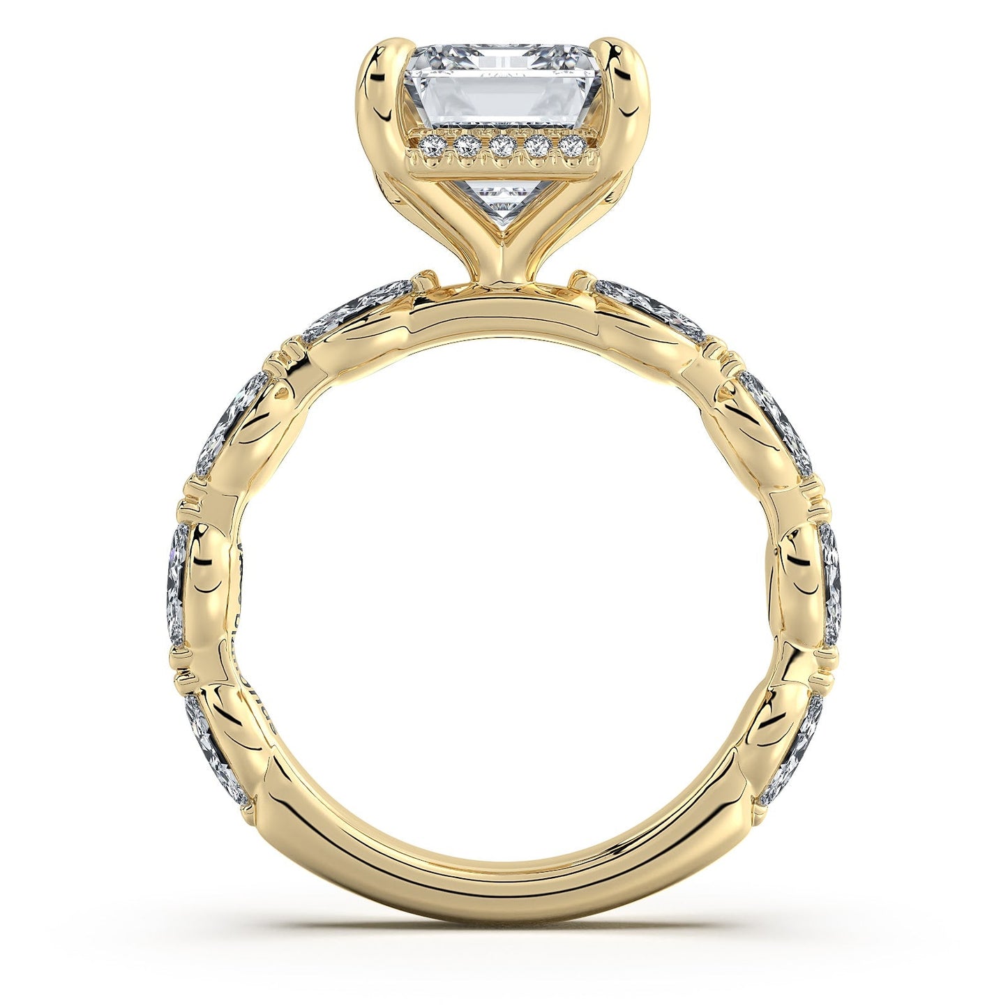 Yellow Gold Emerald Diamond Engagement Ring with Marquise Side Stone Band Profile View | Waco Diamonds Is Located In Waco, TX | Central Texas' #1 Engagement Ring Store With Lifetime Warranty
