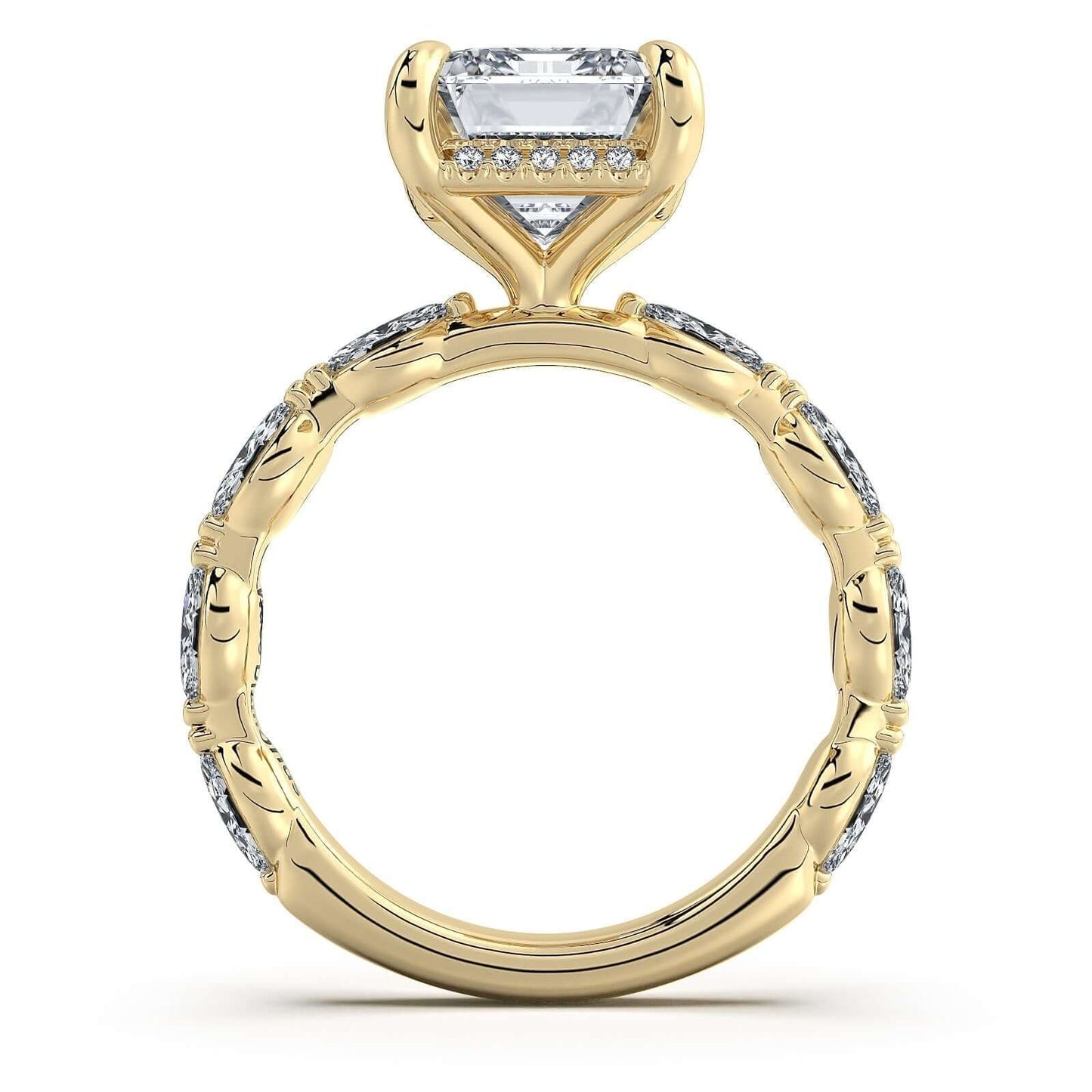 Yellow Gold Emerald Diamond Engagement Ring with Marquise Side Stone Band | Waco Diamonds Is Located In Waco, TX | Central Texas' #1 Engagement Ring Store With Lifetime Warranty