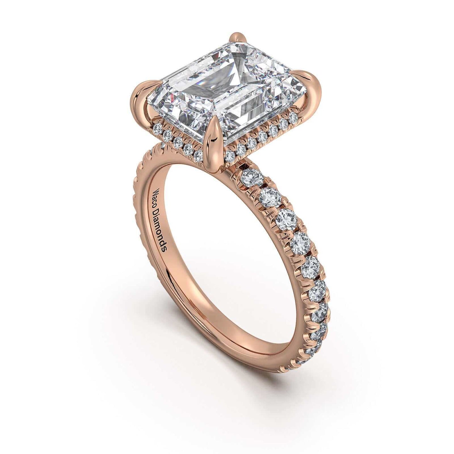 Rose Gold Emerald Diamond Engagement Ring with Pave Band | Waco Diamonds Is Located In Waco, TX | Central Texas' #1 Engagement Ring Store With Lifetime Warranty