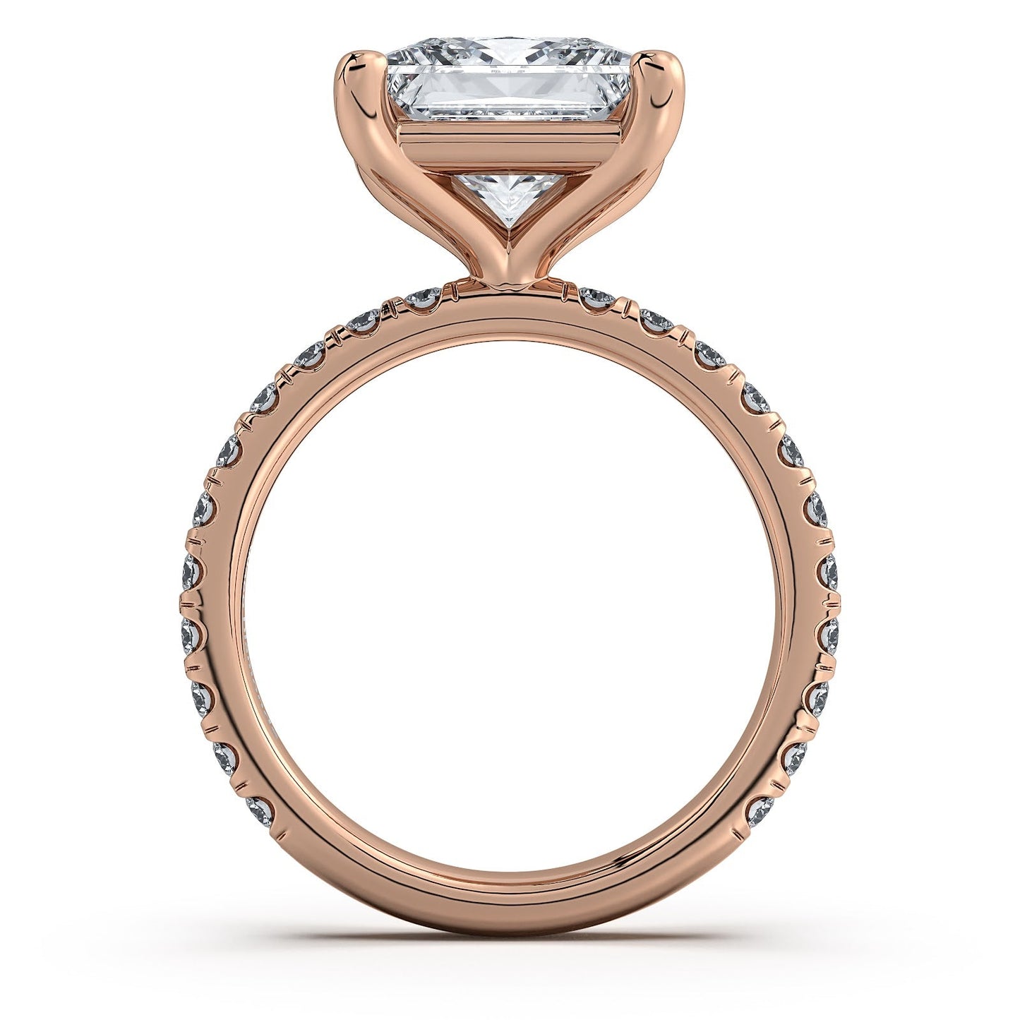 Rose Gold Princess Diamond Engagement Ring with Pave Band Profile View | Waco Diamonds Is Located In Waco, TX | Central Texas' #1 Engagement Ring Store With Lifetime Warranty