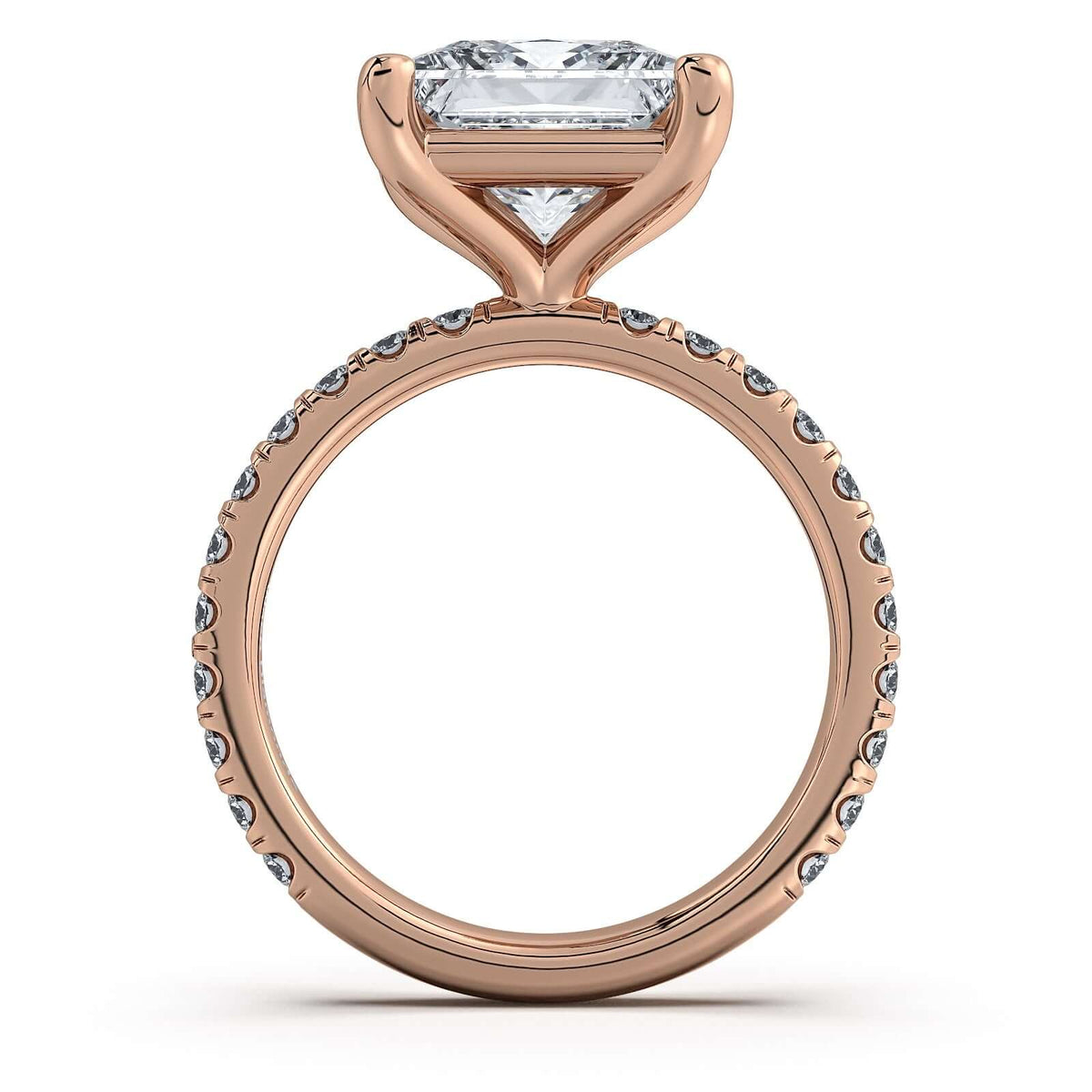 Rose Gold Princess Diamond Engagement Ring with Pave Band Profile View | Waco Diamonds Is Located In Waco, TX | Central Texas' #1 Engagement Ring Store With Lifetime Warranty