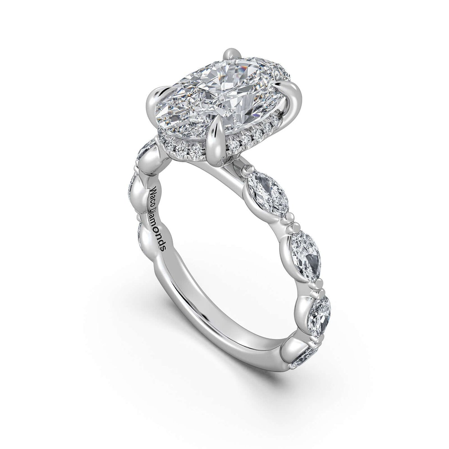 White Gold Oval Diamond Engagement Ring with Marquise Side Stone Band | Waco Diamonds Is Located In Waco, TX | Central Texas' #1 Engagement Ring Store With Lifetime Warranty