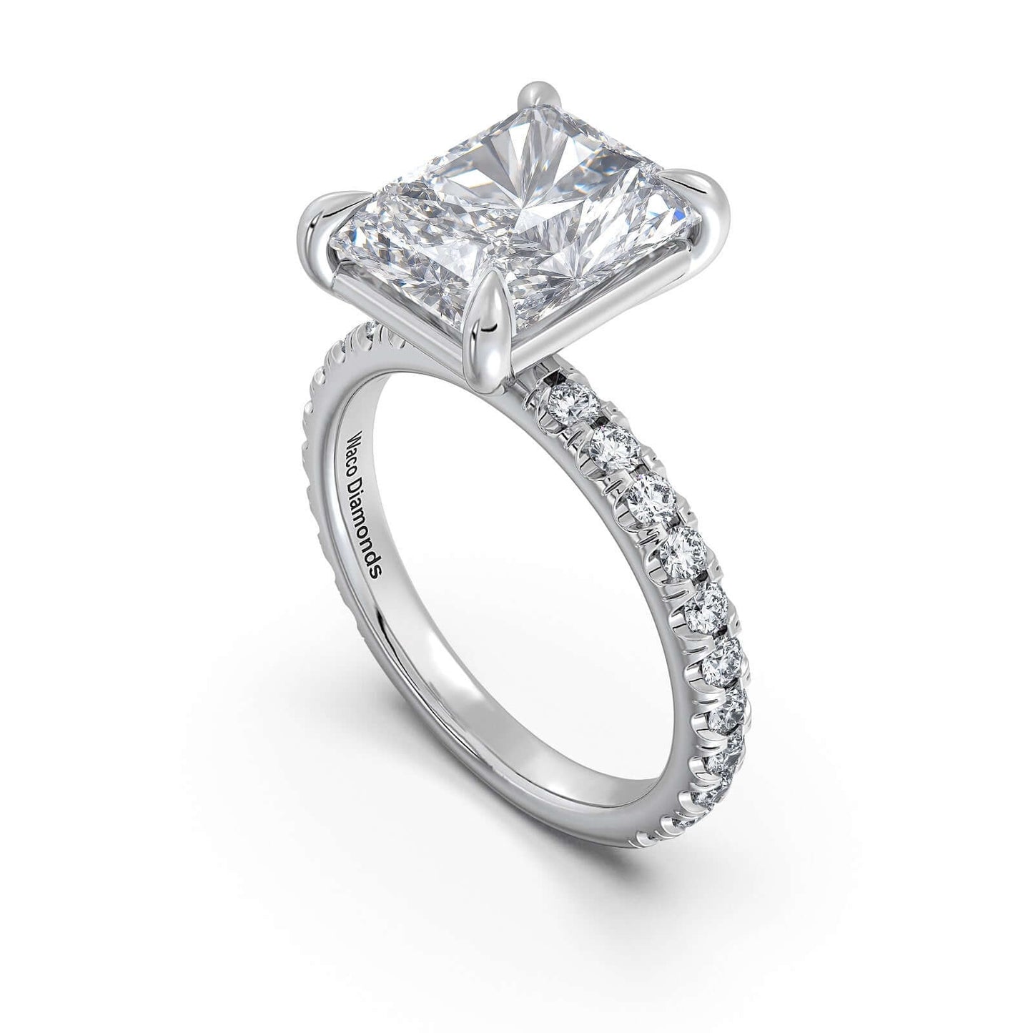White Gold Radiant Diamond Engagement Ring with Pave Band | Waco Diamonds Is Located In Waco, TX | Central Texas' #1 Engagement Ring Store With Lifetime Warranty