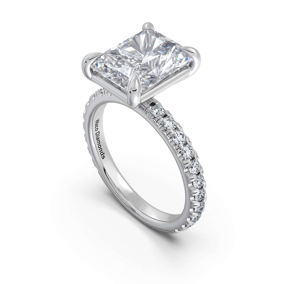 White Gold Radiant Diamond Engagement Ring with Pave Band Side Profile | Waco Diamonds Is Located In Waco, TX | Central Texas' #1 Engagement Ring Store With Lifetime Warranty
