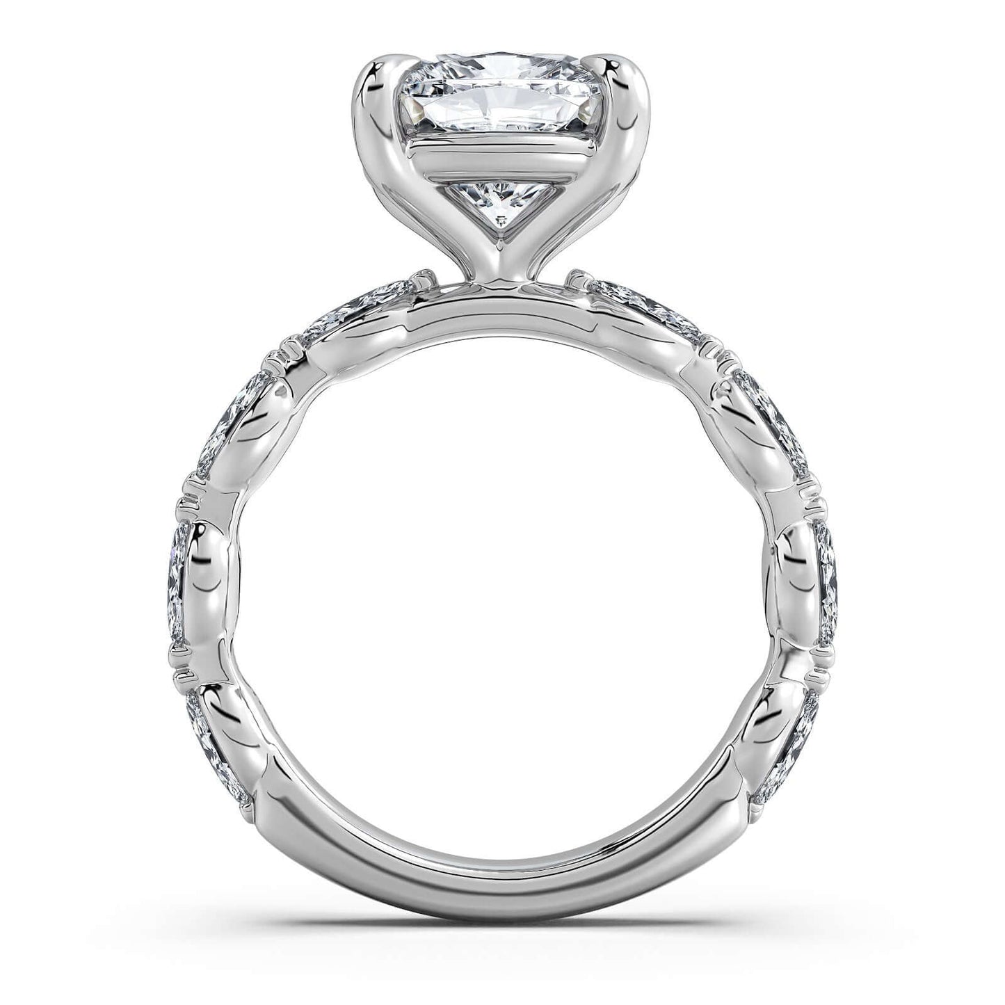 White Gold Cushion Diamond Engagement Ring with Marquise Side Stone Band | Waco Diamonds Is Located In Waco, TX | Central Texas' #1 Engagement Ring Store With Lifetime Warranty