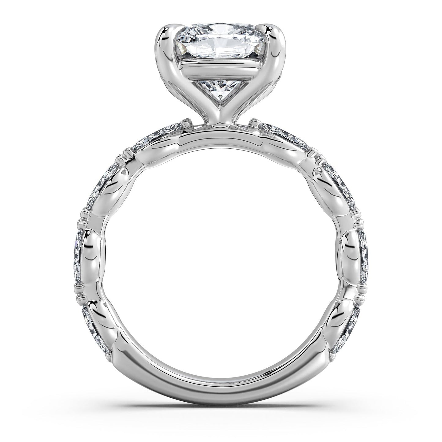 White Gold Cushion Diamond Engagement Ring with Marquise Side Stone Band Profile View | Waco Diamonds Is Located In Waco, TX | Central Texas' #1 Engagement Ring Store With Lifetime Warranty