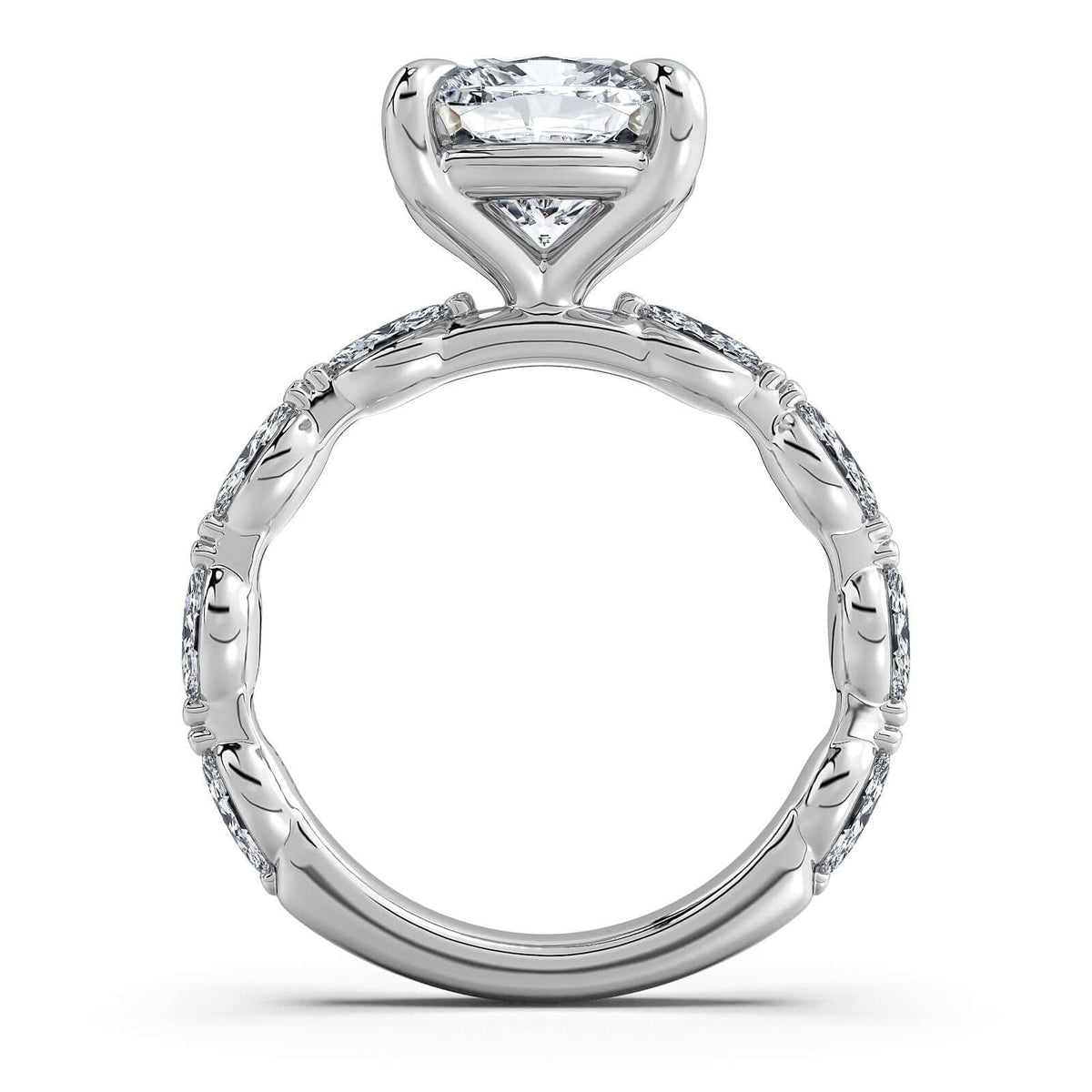 White Gold Cushion Diamond Engagement Ring with Marquise Side Stone Band Profile View | Waco Diamonds Is Located In Waco, TX | Central Texas' #1 Engagement Ring Store With Lifetime Warranty