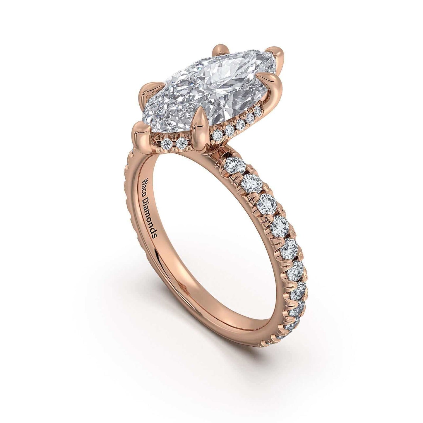 Rose Gold Marquise Diamond Engagement Ring with Pave Band | Waco Diamonds Is Located In Waco, TX | Central Texas' #1 Engagement Ring Store With Lifetime Warranty