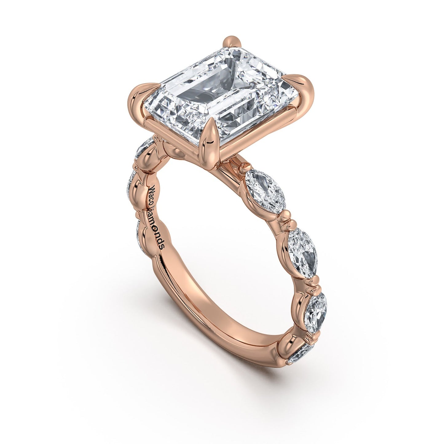 Rose Gold Emerald Diamond Engagement Ring with Marquise Side Stone Band Side Profile | Waco Diamonds Is Located In Waco, TX | Central Texas' #1 Engagement Ring Store With Lifetime Warranty