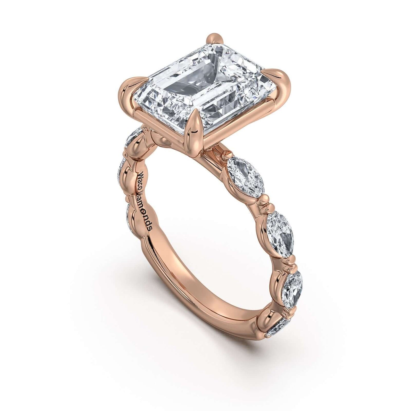 Rose Gold Emerald Diamond Engagement Ring with Marquise Side Stone Band | Waco Diamonds Is Located In Waco, TX | Central Texas' #1 Engagement Ring Store With Lifetime Warranty