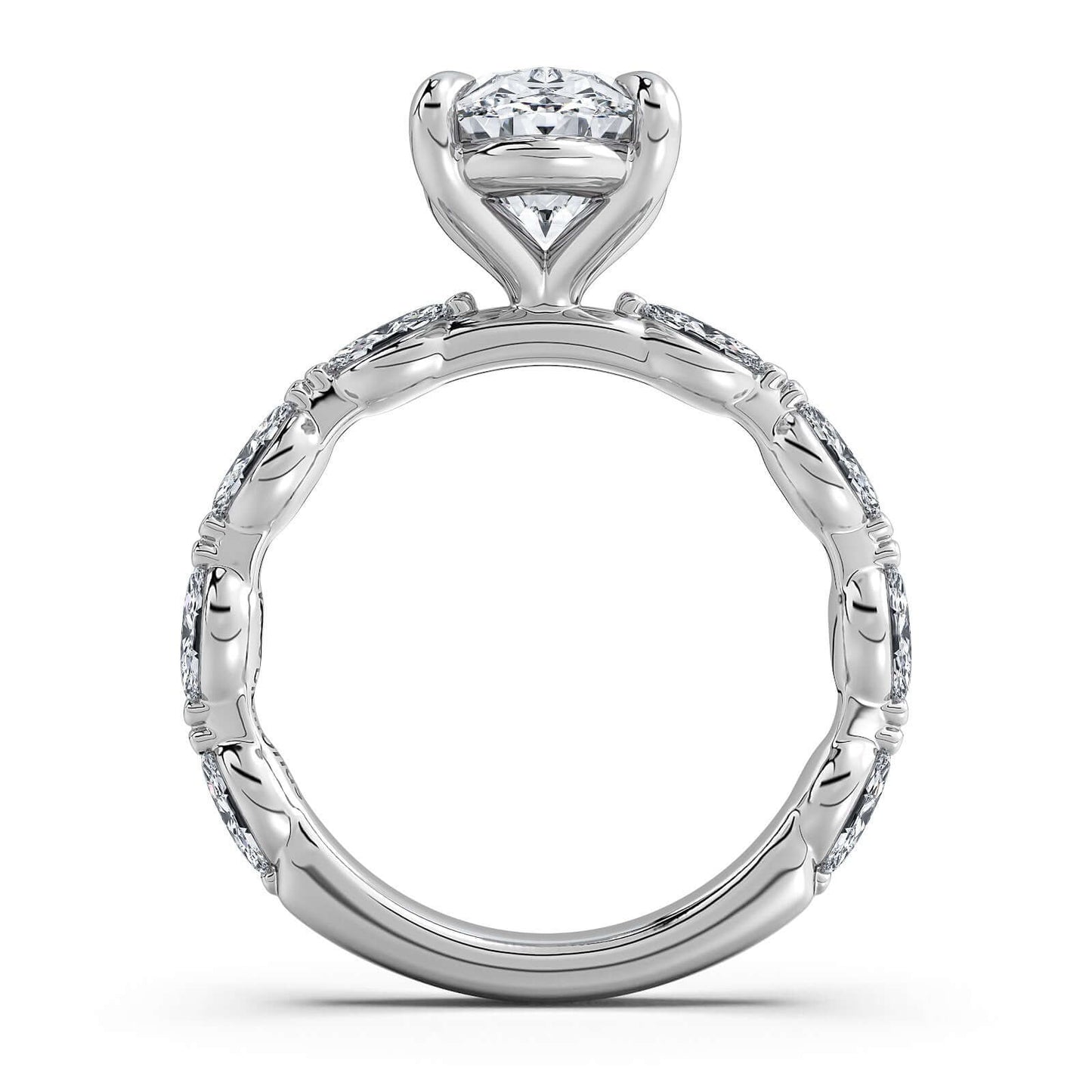 White Gold Oval Diamond Engagement Ring with Marquise Side Stone Band | Waco Diamonds Is Located In Waco, TX | Central Texas' #1 Engagement Ring Store With Lifetime Warranty