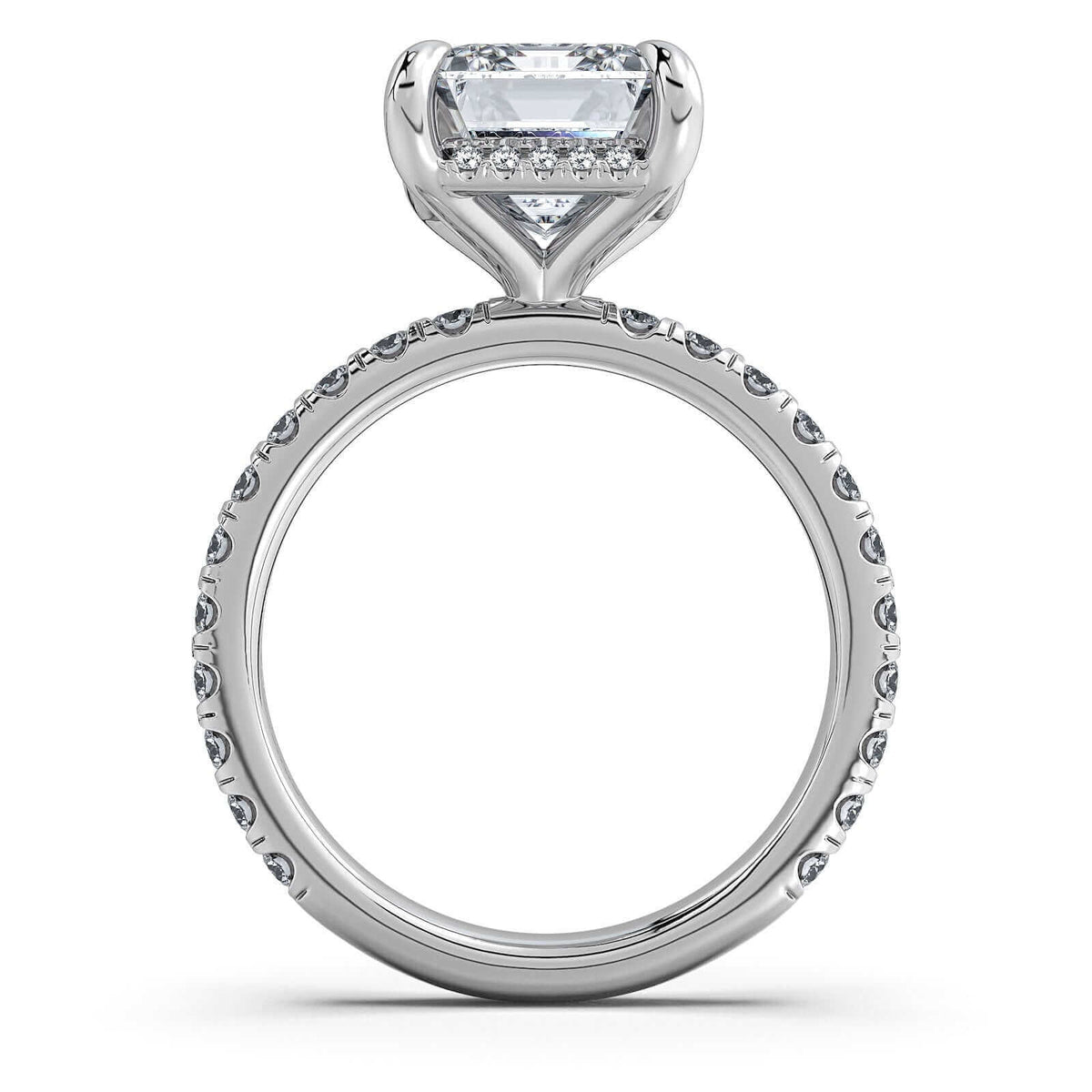 White Gold Emerald Diamond Engagement Ring with Pave Band Profile View | Waco Diamonds Is Located In Waco, TX | Central Texas' #1 Engagement Ring Store With Lifetime Warranty