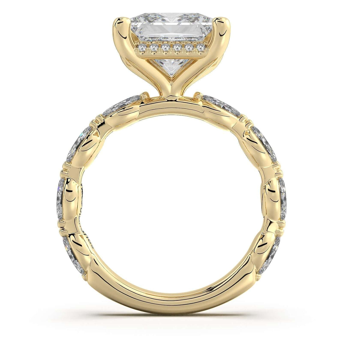 Yellow Gold Princess Diamond Engagement Ring with Marquise Side Stone Band Profile View | Waco Diamonds Is Located In Waco, TX | Central Texas' #1 Engagement Ring Store With Lifetime Warranty