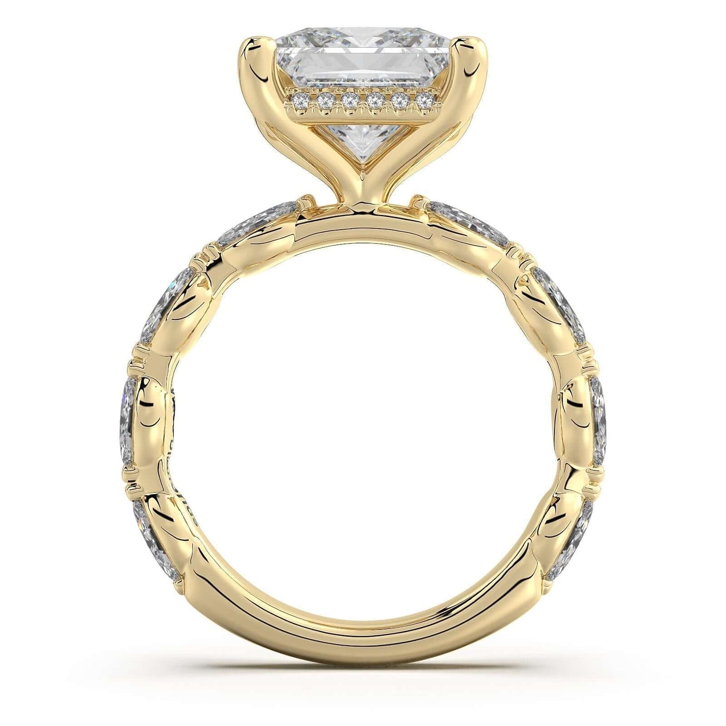 Yellow Gold Princess Diamond Engagement Ring with Marquise Side Stone Band | Waco Diamonds Is Located In Waco, TX | Central Texas' #1 Engagement Ring Store With Lifetime Warranty