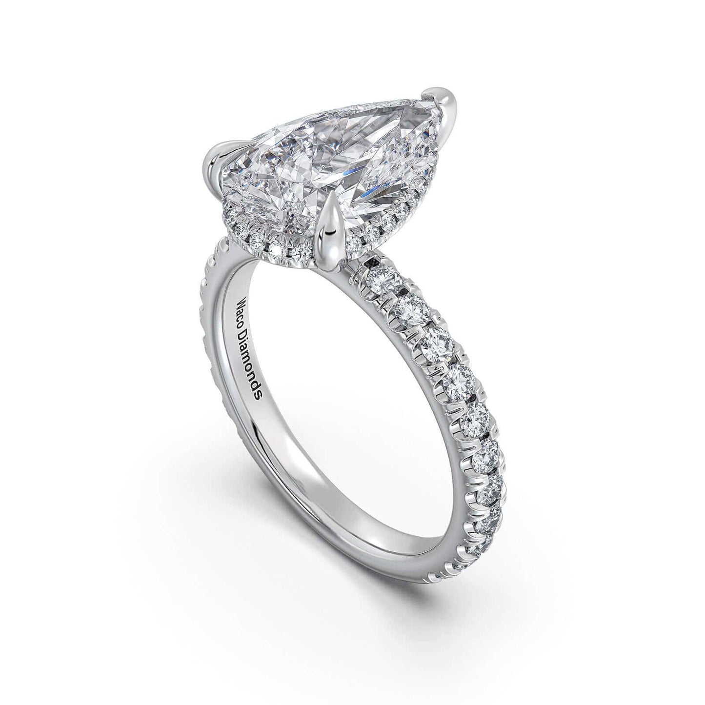 White Gold Pear Diamond Engagement Ring with Pave Band With Hidden Halo | Waco Diamonds Is Located In Waco, TX | Central Texas' #1 Engagement Ring Store With Lifetime Warranty