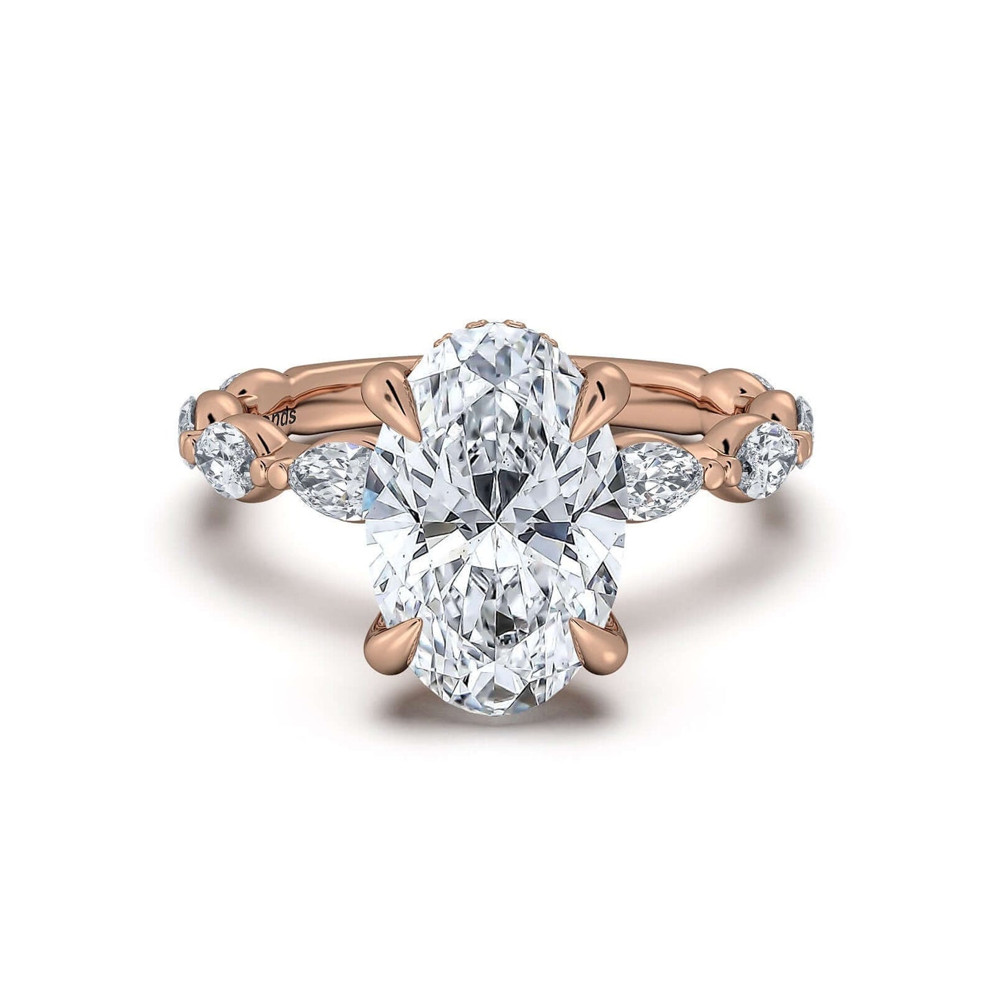 Rose Gold Oval Diamond Engagement Ring with Marquise Side Stone Band | Waco Diamonds Is Located In Waco, TX | Central Texas' #1 Engagement Ring Store With Lifetime Warranty