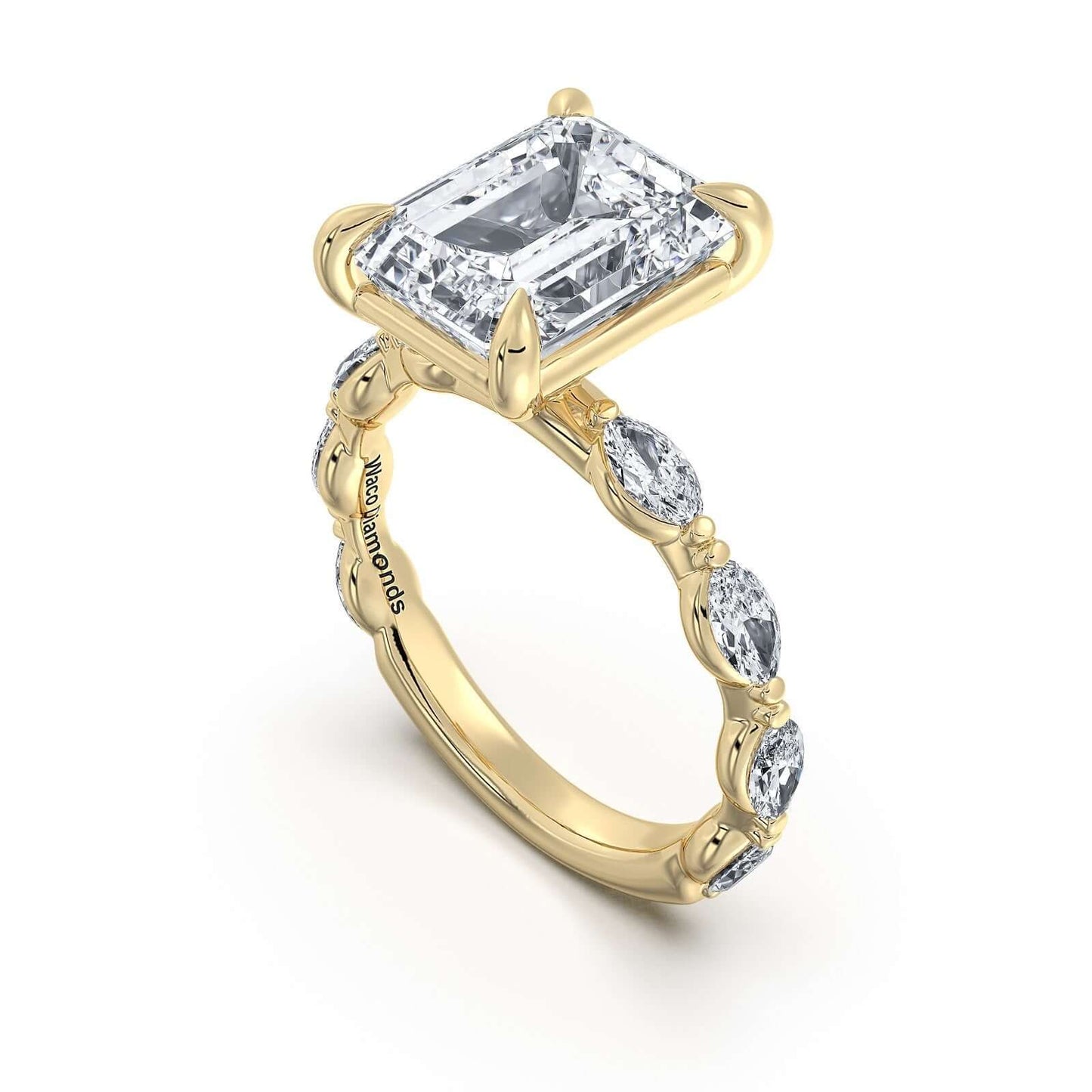Yellow Gold Emerald Diamond Engagement Ring with Marquise Side Stone Band | Waco Diamonds Is Located In Waco, TX | Central Texas' #1 Engagement Ring Store With Lifetime Warranty