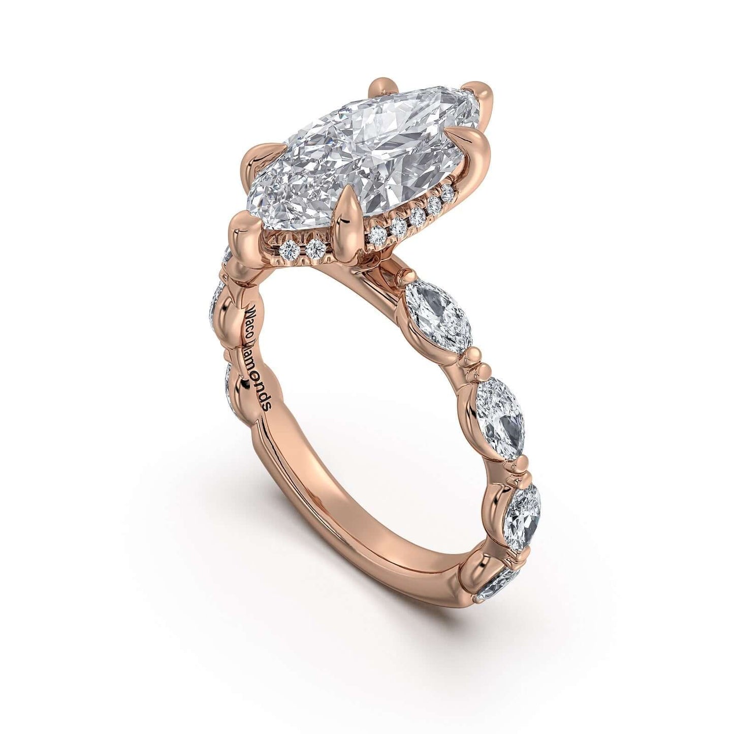 Rose Gold Marquise Diamond Engagement Ring with Marquise Side Stone Band | Waco Diamonds Is Located In Waco, TX | Central Texas' #1 Engagement Ring Store With Lifetime Warranty