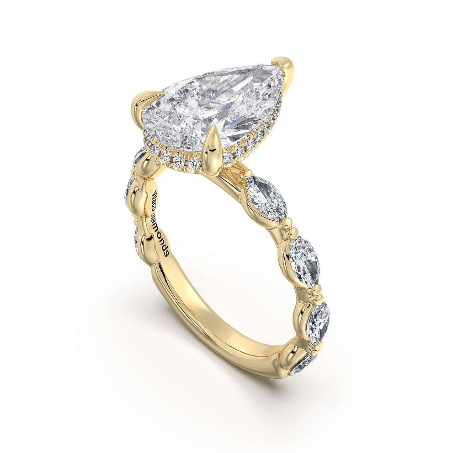 Yellow Gold Pear Diamond Engagement Ring with Marquise Side Stone Band | Waco Diamonds Is Located In Waco, TX | Central Texas' #1 Engagement Ring Store With Lifetime Warranty