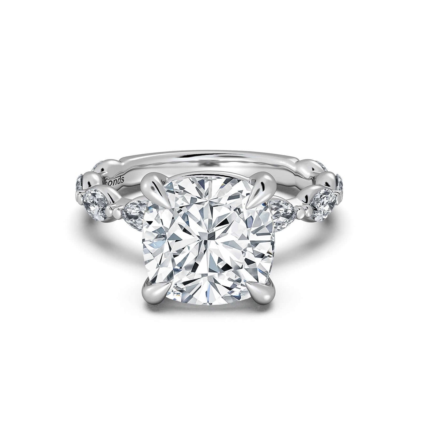 White Gold Cushion Diamond Engagement Ring with Marquise Side Stone Band | Waco Diamonds Is Located In Waco, TX | Central Texas' #1 Engagement Ring Store With Lifetime Warranty