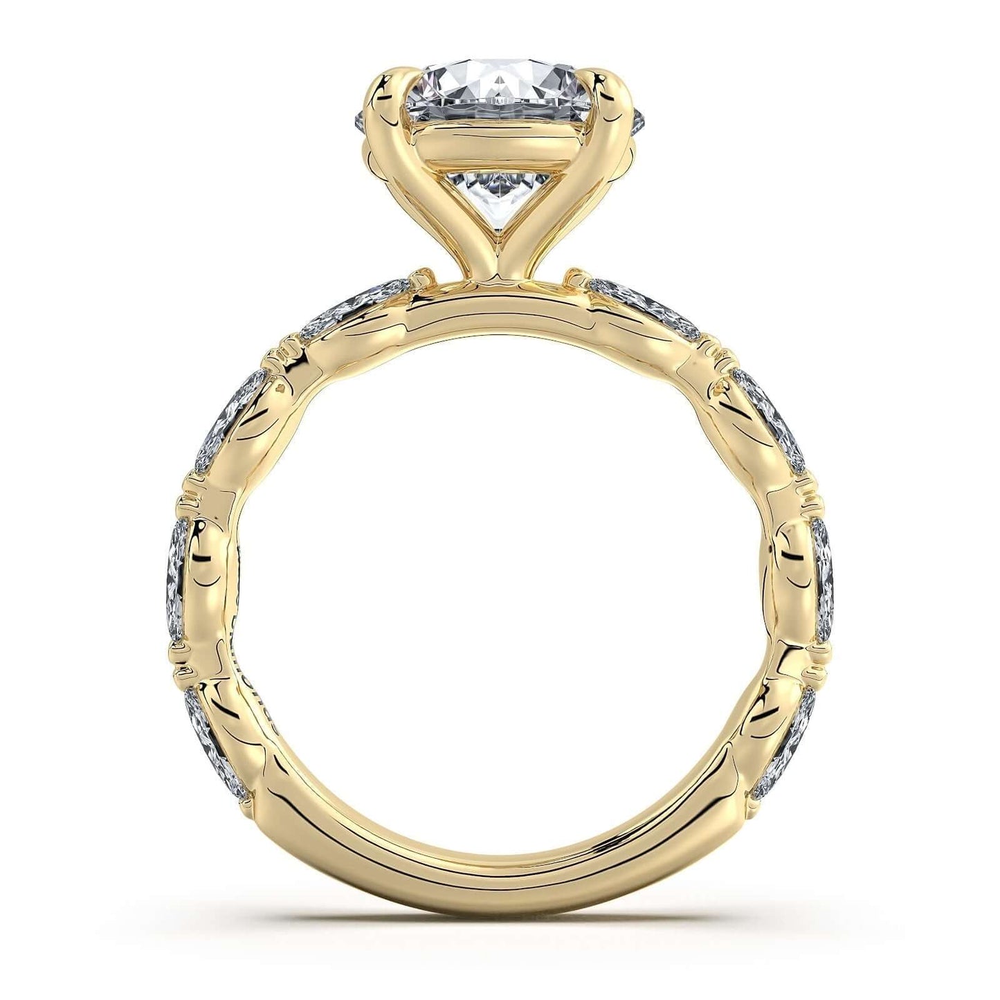 Yellow Gold Round Diamond Engagement Ring with Marquise Side Stone Band | Waco Diamonds Is Located In Waco, TX | Central Texas' #1 Engagement Ring Store With Lifetime Warranty