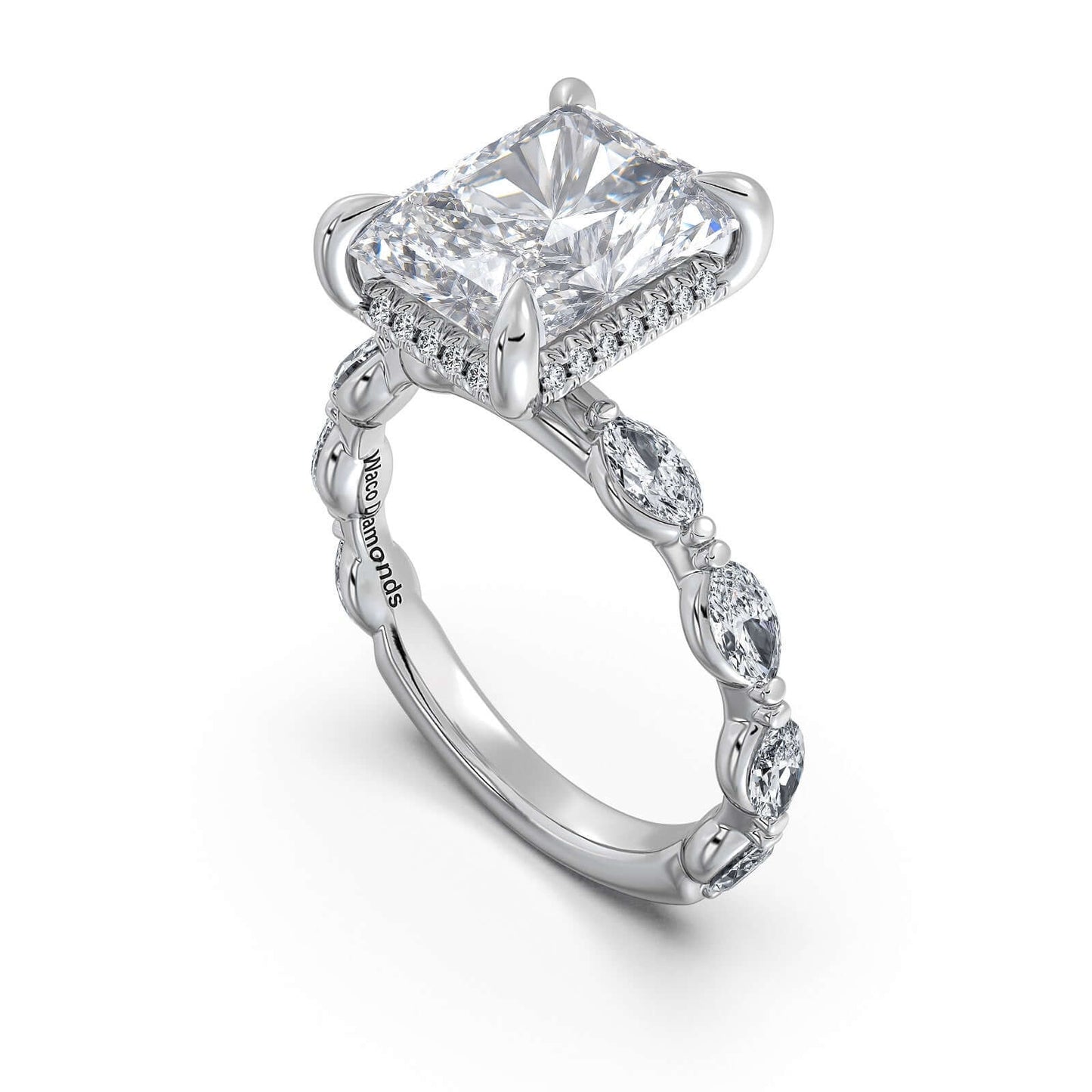 White Gold Radiant Diamond Engagement Ring with Marquise Side Stone Band | Waco Diamonds Is Located In Waco, TX | Central Texas' #1 Engagement Ring Store With Lifetime Warranty