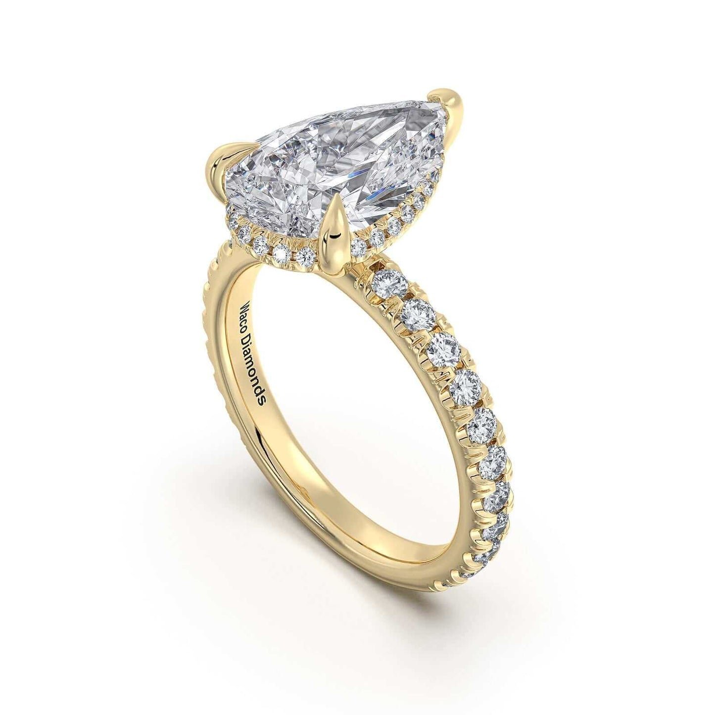 Yellow Gold Pear Diamond Engagement Ring with Pave Band With Hidden Halo | Waco Diamonds Is Located In Waco, TX | Central Texas' #1 Engagement Ring Store With Lifetime Warranty