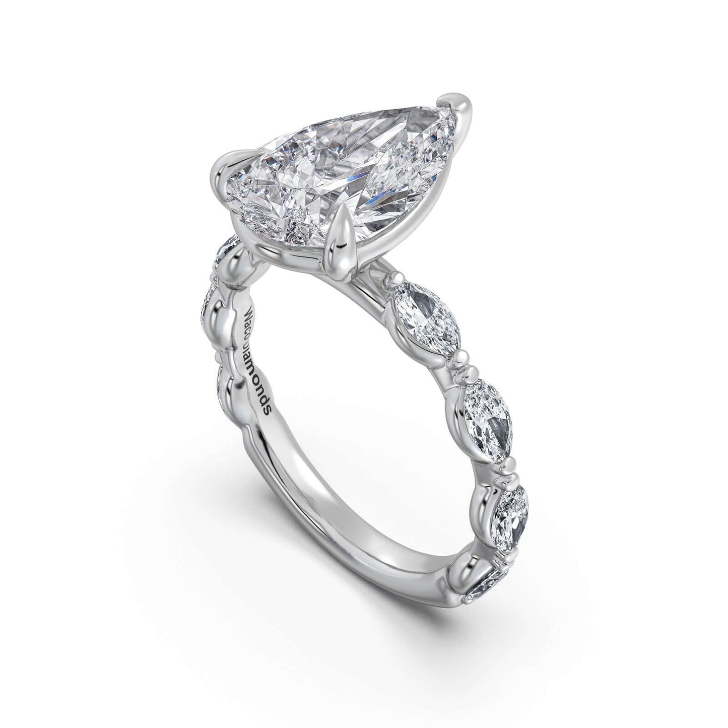 White Gold Pear Diamond Engagement Ring with Marquise Side Stone Band | Waco Diamonds Is Located In Waco, TX | Central Texas' #1 Engagement Ring Store With Lifetime Warranty