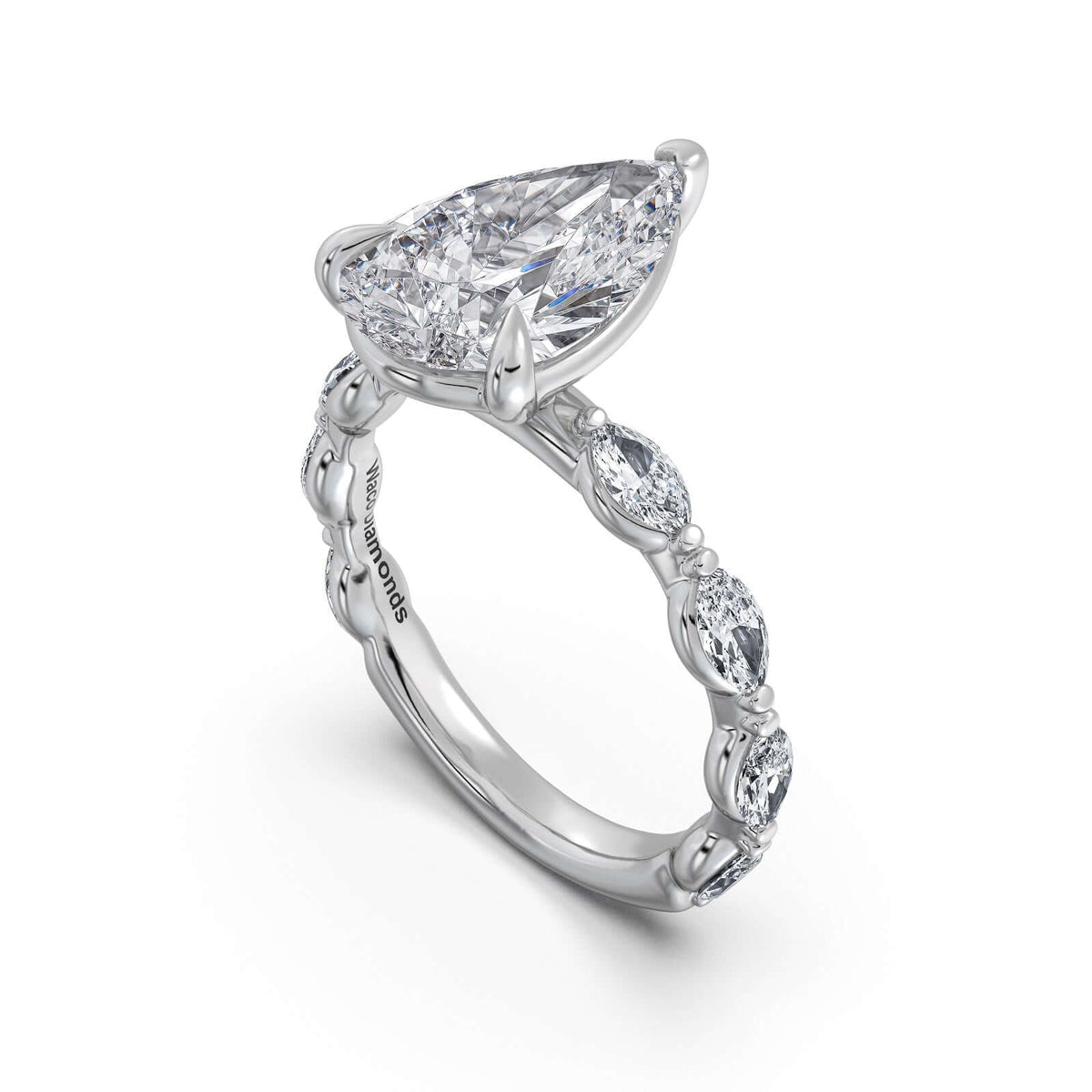White Gold Pear Diamond Engagement Ring with Marquise Side Stone Band Side Profile | Waco Diamonds Is Located In Waco, TX | Central Texas' #1 Engagement Ring Store With Lifetime Warranty