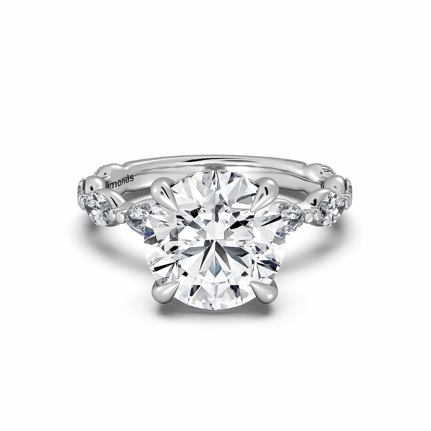 White Gold Round Diamond Engagement Ring with Marquise Side Stone Band | Waco Diamonds Is Located In Waco, TX | Central Texas' #1 Engagement Ring Store With Lifetime Warranty