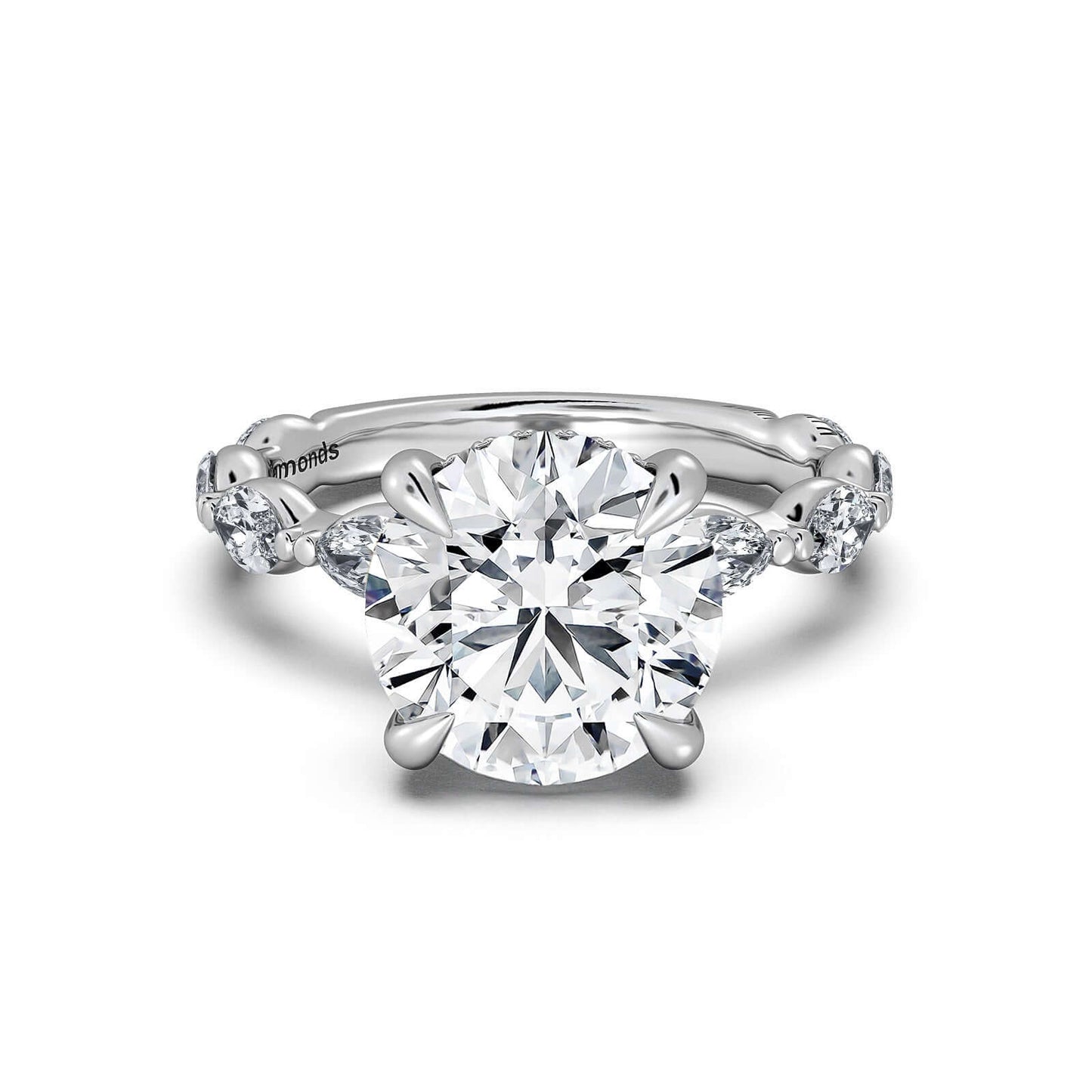 White Gold Round Diamond Engagement Ring with Marquise Side Stone Band | Waco Diamonds Is Located In Waco, TX | Central Texas' #1 Engagement Ring Store With Lifetime Warranty