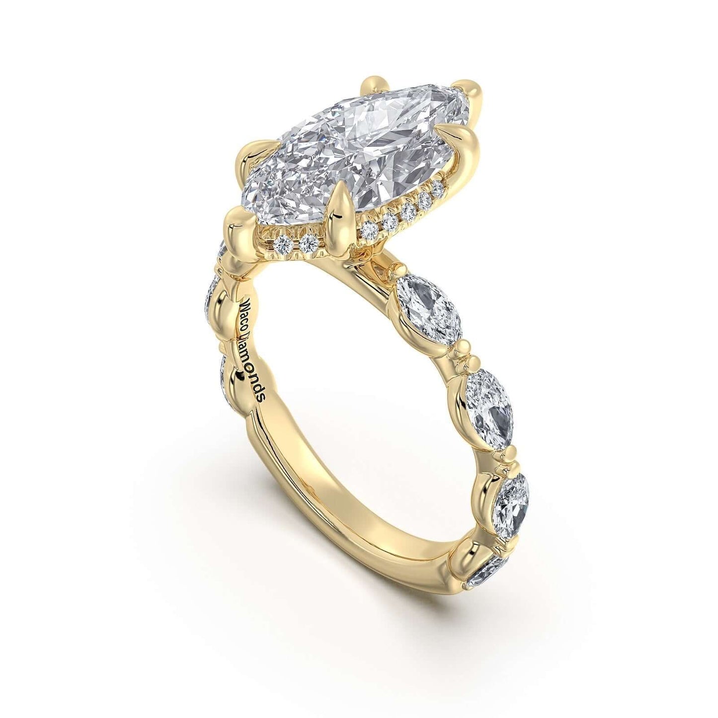 Yellow Gold Marquise Diamond Engagement Ring with Marquise Side Stone Band | Waco Diamonds Is Located In Waco, TX | Central Texas' #1 Engagement Ring Store With Lifetime Warranty
