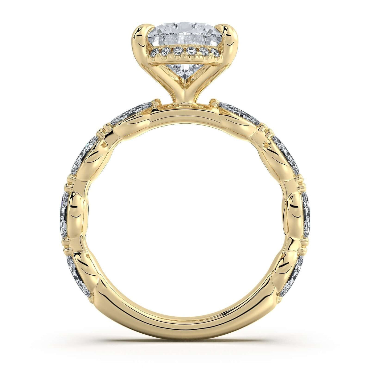 Yellow Gold Pear Diamond Engagement Ring with Marquise Side Stone Band Profile View | Waco Diamonds Is Located In Waco, TX | Central Texas' #1 Engagement Ring Store With Lifetime Warranty