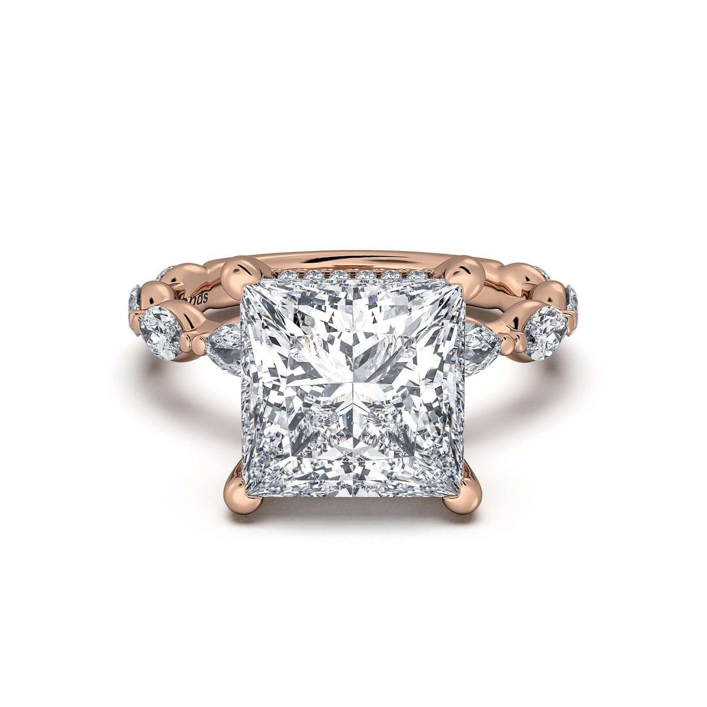 Rose Gold Princess Diamond Engagement Ring with Marquise Side Stone Band | Waco Diamonds Is Located In Waco, TX | Central Texas' #1 Engagement Ring Store With Lifetime Warranty