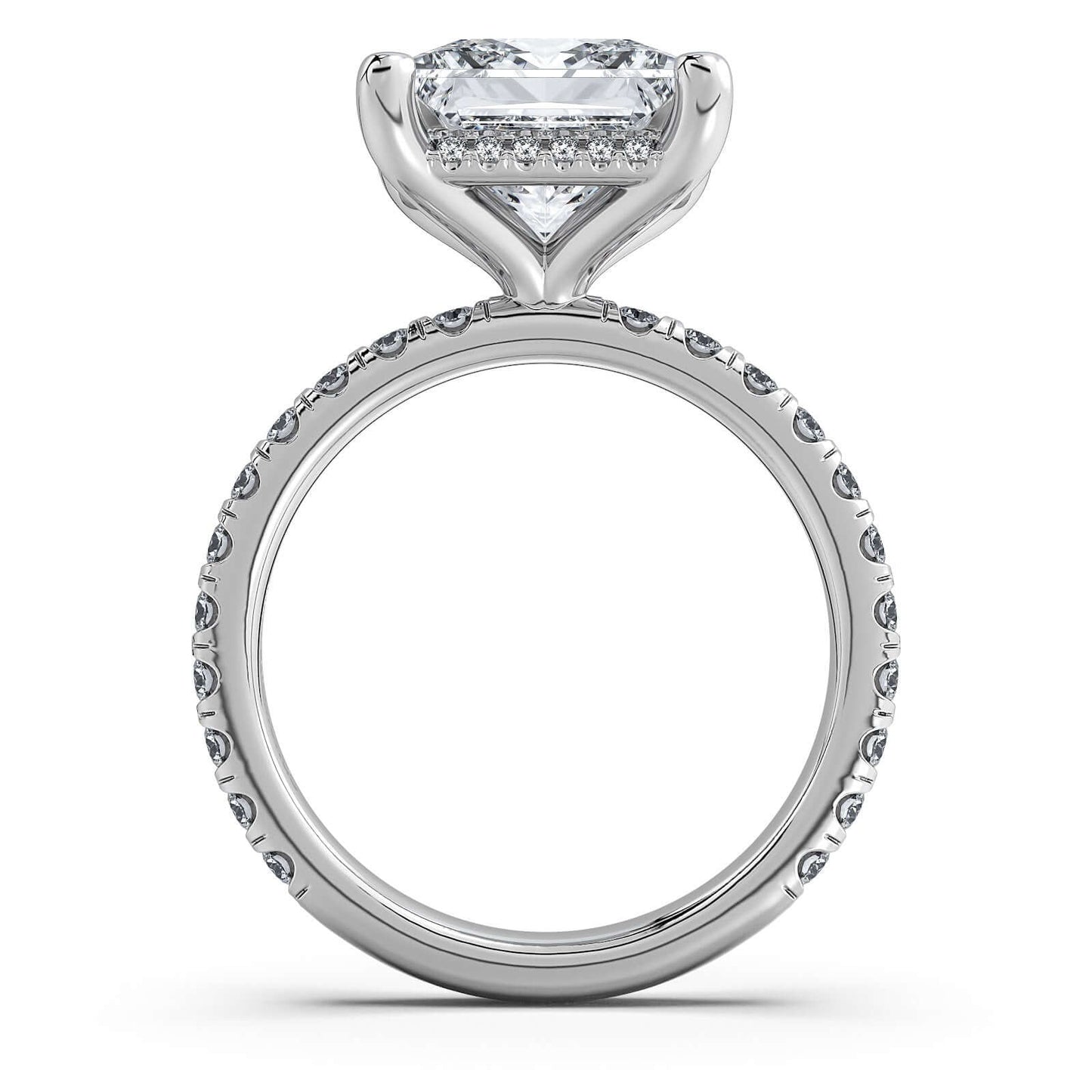 White Gold Princess Diamond Engagement Ring with Pave Band Profile View | Waco Diamonds Is Located In Waco, TX | Central Texas' #1 Engagement Ring Store With Lifetime Warranty