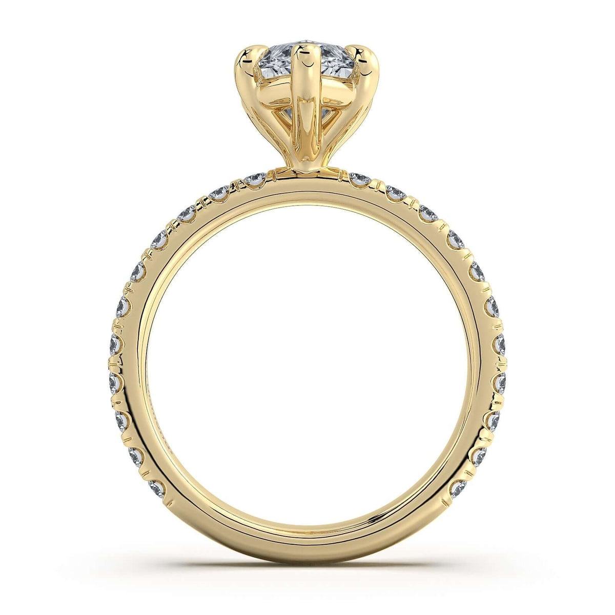 Yellow Gold Marquise Diamond Engagement Ring with Pave Band Profile View | Waco Diamonds Is Located In Waco, TX | Central Texas' #1 Engagement Ring Store With Lifetime Warranty