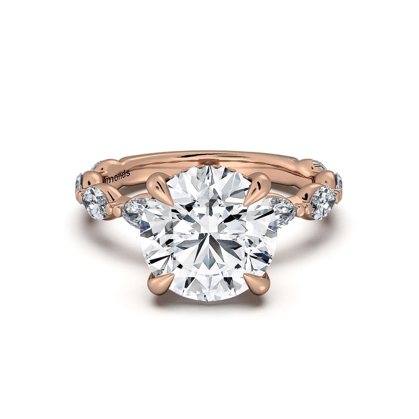 Rose Gold Round Diamond Engagement Ring with Marquise Side Stone Band | Waco Diamonds Is Located In Waco, TX | Central Texas' #1 Engagement Ring Store With Lifetime Warranty